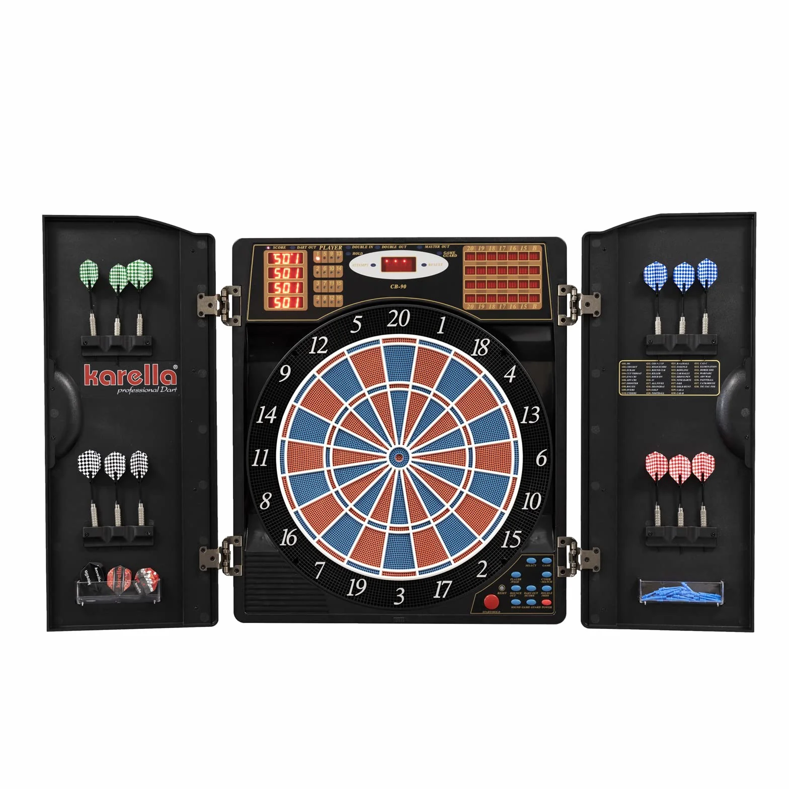 Karella CB-90 - Diana electrónica con 38 Juegos y 211 Variantes, Dimensiones exactas de Torneo en versión de 2 Agujeros, Incluye 12 Dardos Blandos