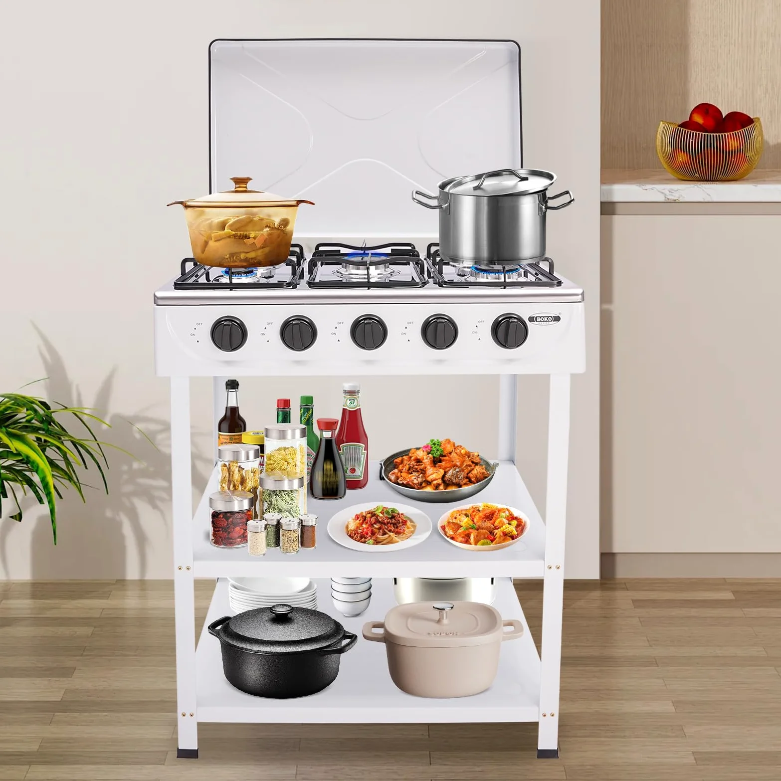 Hornillo de gas para camping independiente, 5 quemadores, portátil, para camping, cocina de gas natural, con 2 estantes, 2,5 kW, para autocaravana, camping (blanco)