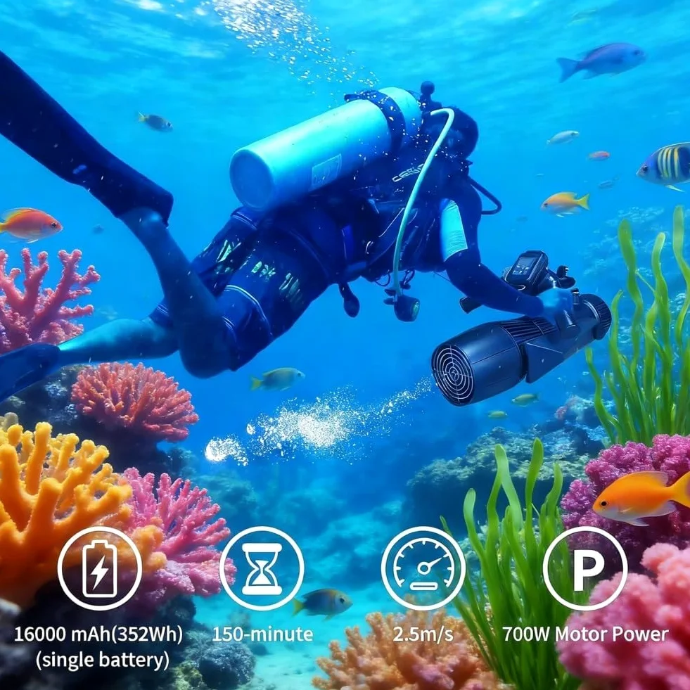 Scooter submarino 700W para adultos, scooter marino profundidad 30 metros para piscina y mar, mango desmontable, autonomía 160 minutos, velocidad ajustable, dispositivo de propulsión para
