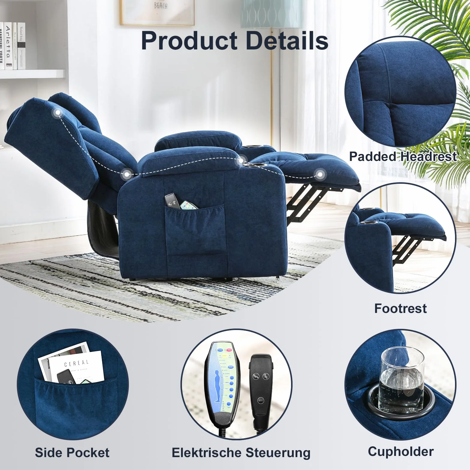 COMHOMA Sillón Relax Masaje Reclinable Eléctrico de Tela con 8 Puntos de Masaje Vibrante, Poltrona Reclinável Azul