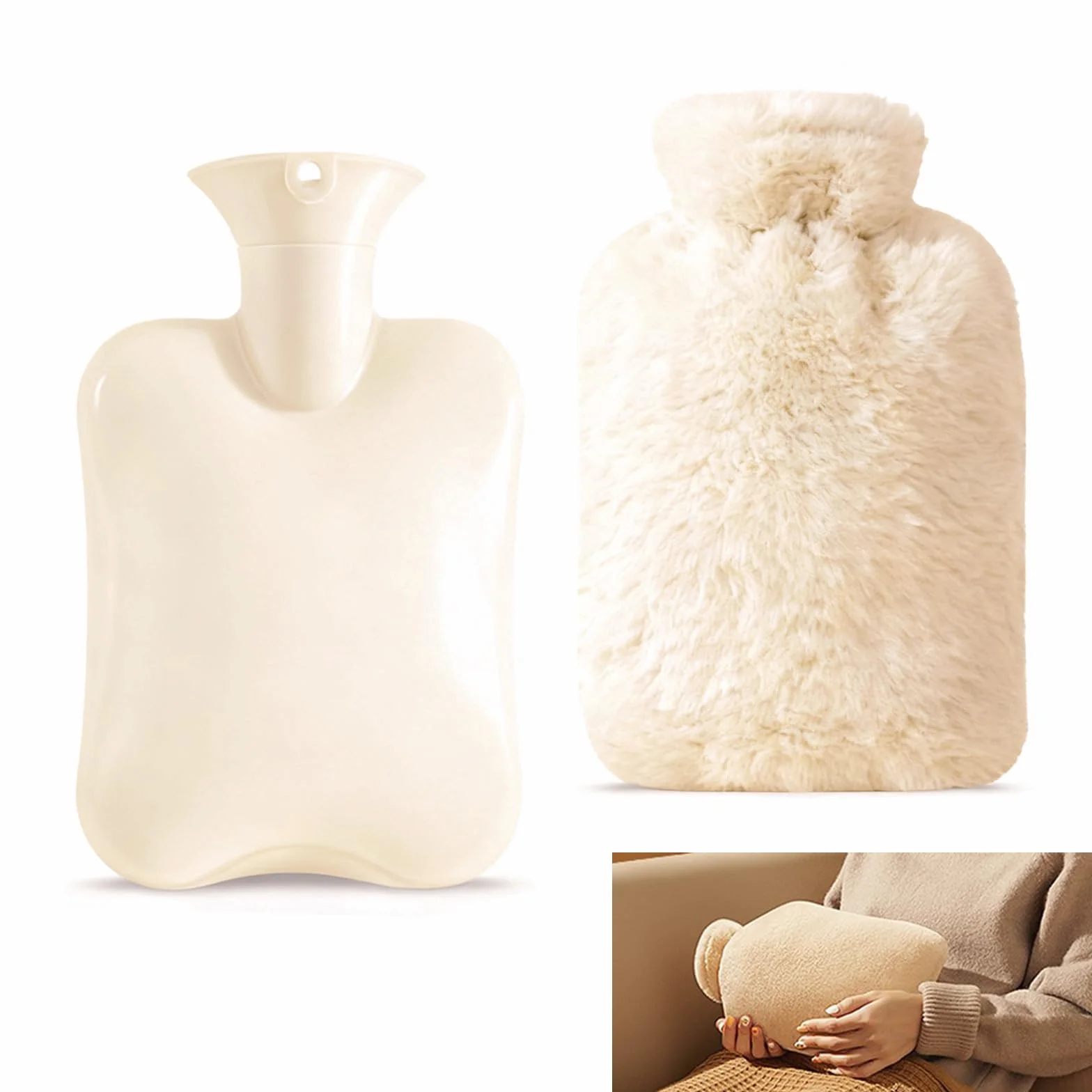 Bolsa de Agua Caliente 2L, Botella de Goma Natural con Funda de Felpa, para Alivio y Calidez