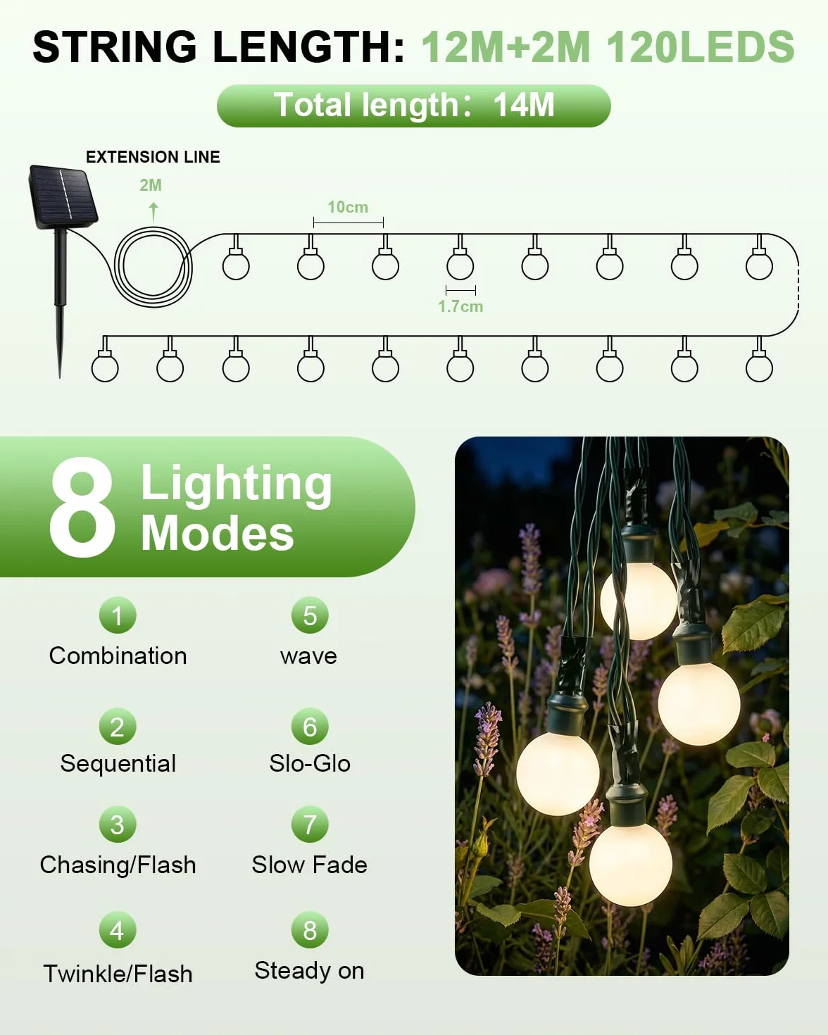 Cadena de luces solares exteriores 14m 120 LED IP65 blanco cálido 8 modos