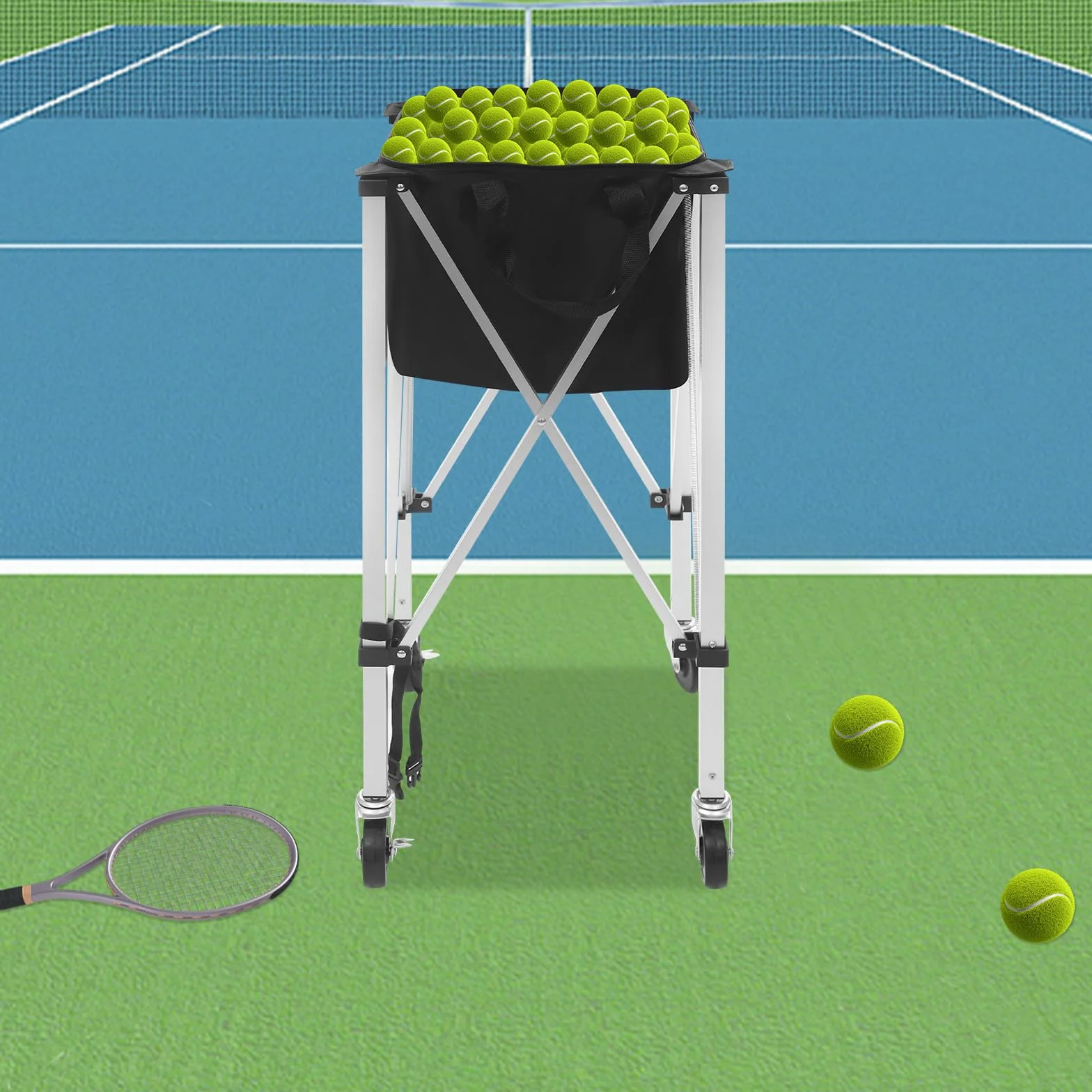 Plegable contenedor de pelotas de tenis 150 capacidad aleación aluminio ligero con ruedas carrito entrenamiento