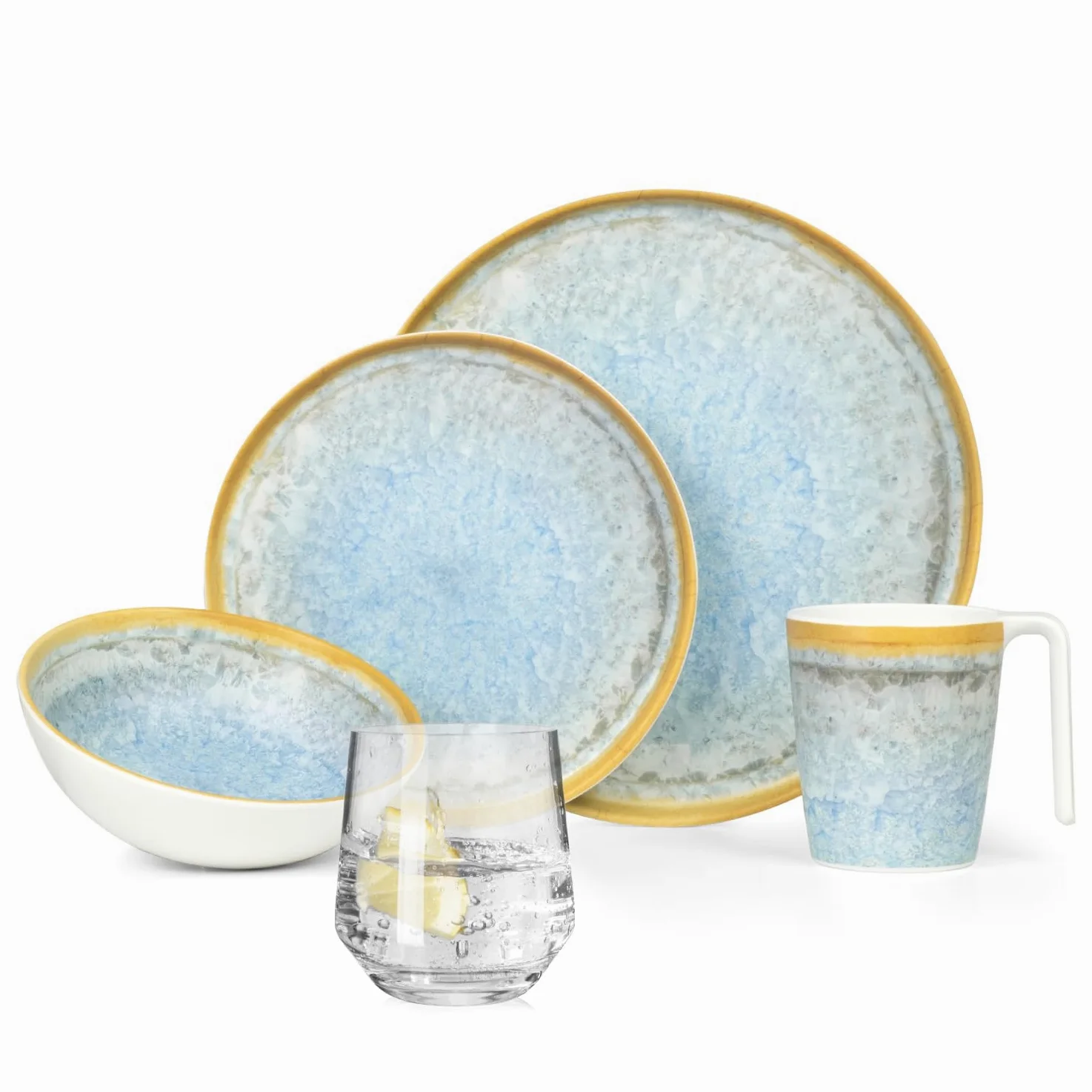 Vajilla de melamina para camping, 4 personas, color azul cristal + 4 vasos Milano vasos de agua, vajilla de pícnic, barbacoa