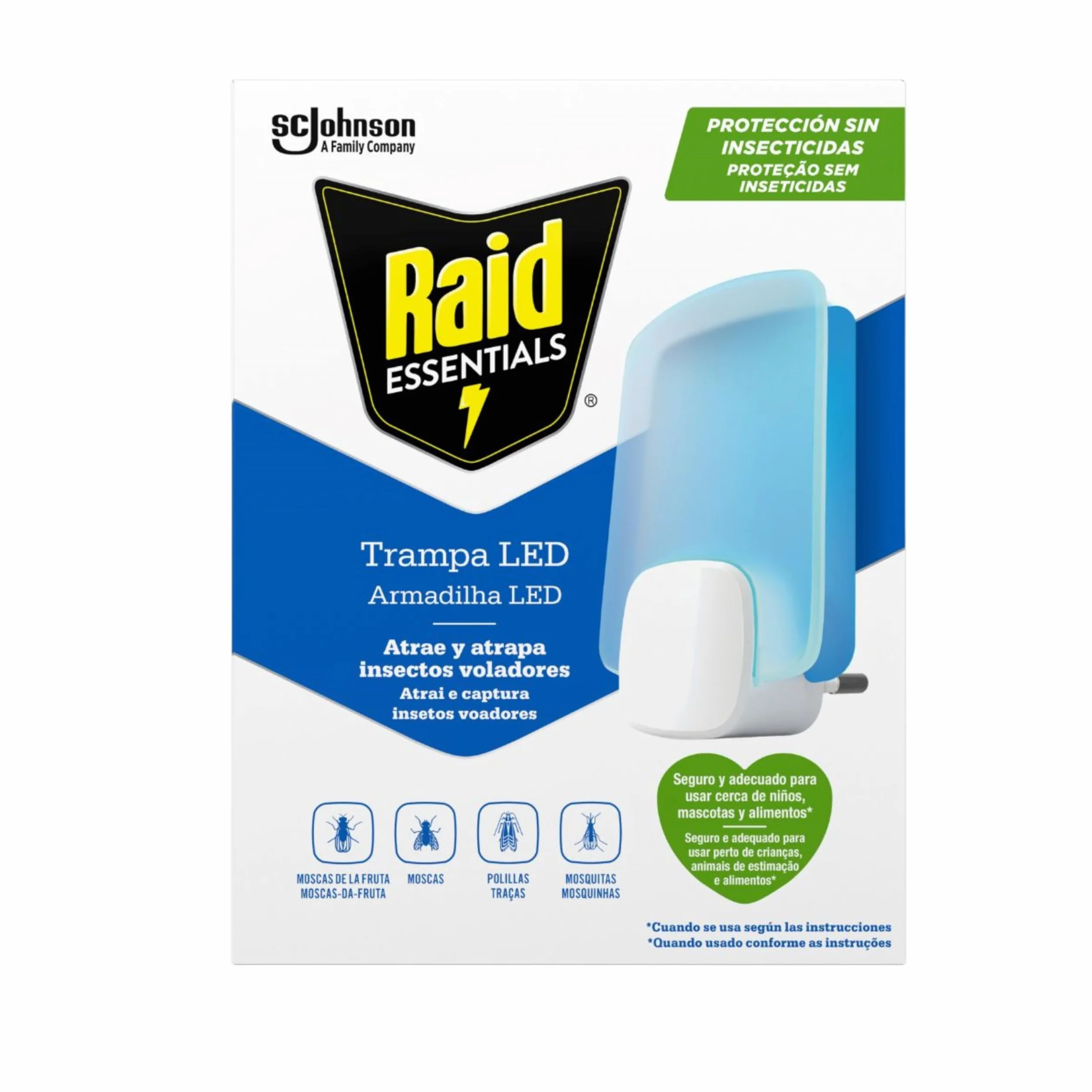 Raid Essentials Trampa LED Antimoscas, Antimoscas de Fruta y Antipolillas, Sin Insecticida, Seguro, Inodoro, 1 Aparato y 1 Recambio