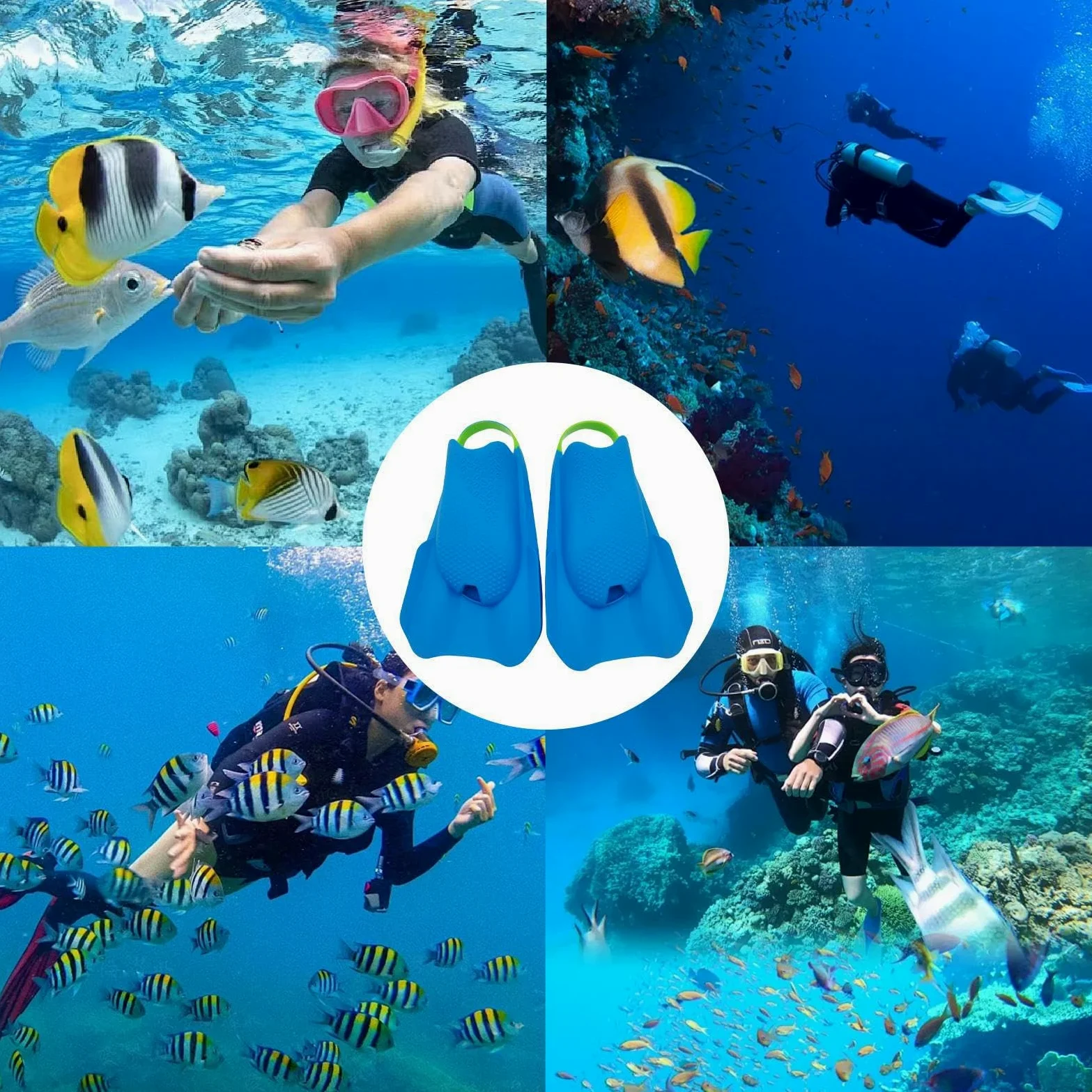 Aletas de natación – Aletas cortas de silicona de talón abierto, aletas de buceo ligeras | para mujeres principiantes, piscina, playa, buceo, esnórquel, entrenamiento de natación