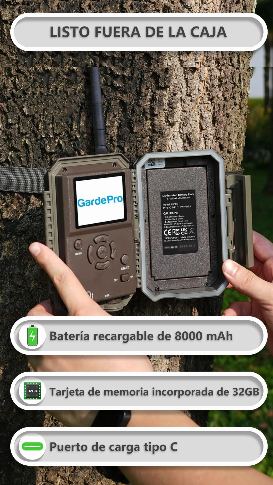 GardePro E8P MAX Cámara de Caza WiFi 64MP 1296P Batería Recargable 8000mAh Visión Nocturna