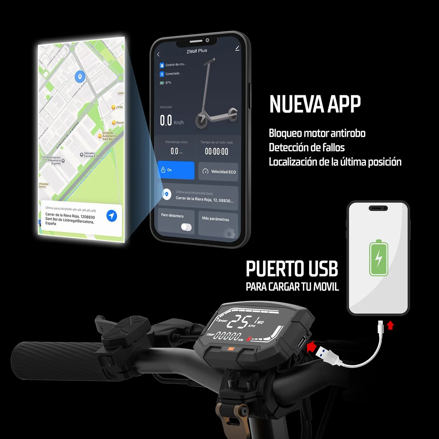 ZWHEEL ZWOLF | Patinete Eléctrico Adultos Homologado DGT - 500W-1000W MAX, 50-70km Autonomía, Geolocalización, Suspensión Híbrida Ajustable, Frenos Regeneradores AER - Ruedas 10" Offroad