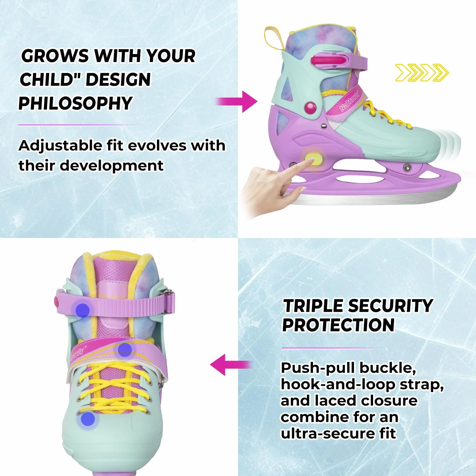 Nattork Patines de Hielo de 4 tamaños Ajustables para niños y niñas, Divertidos para Principiantes, Patinaje sobre Hielo para Exteriores, protección Dura Suave y cómoda para niños
