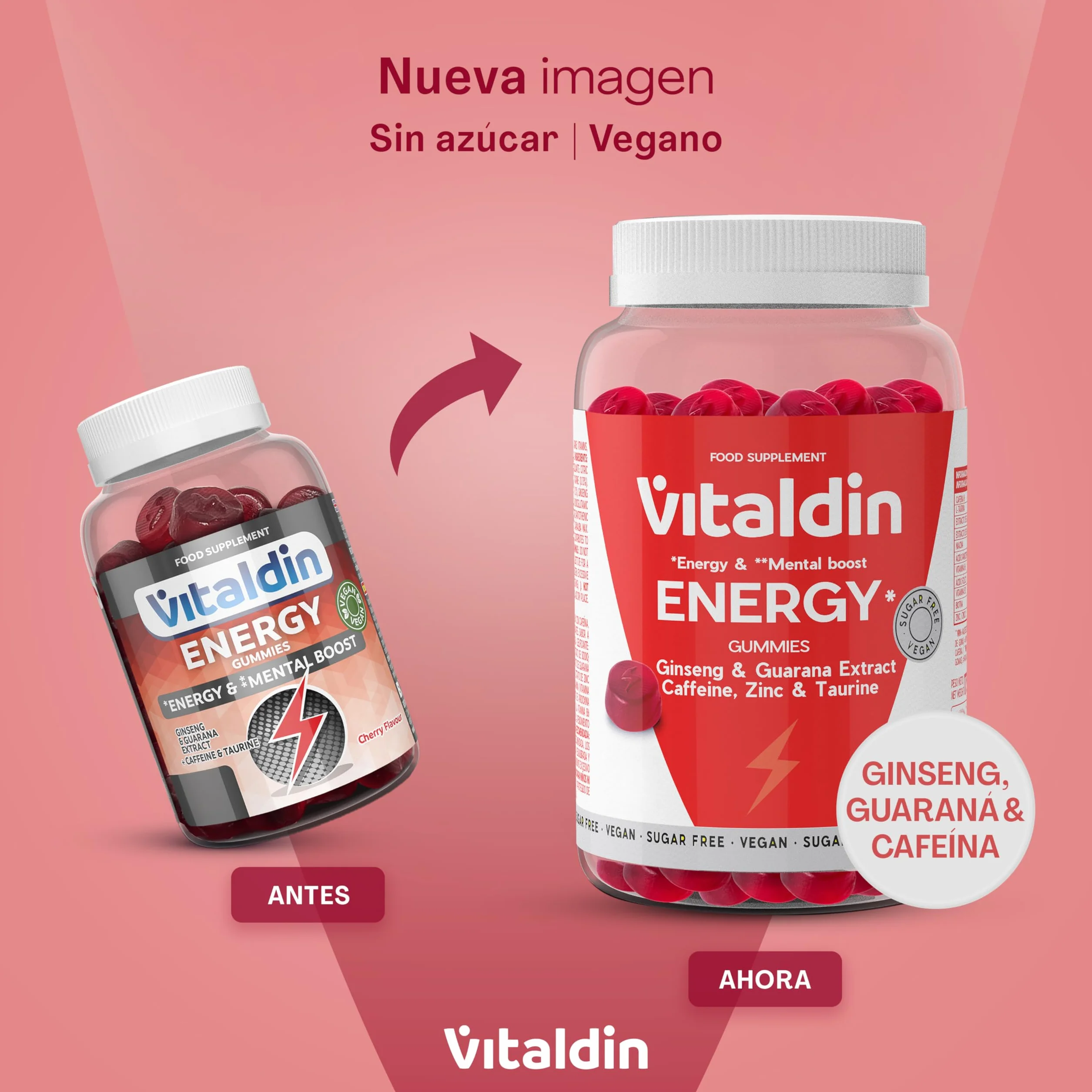 VITALDIN Energy Gummies Veganas Sin Azúcares Añadidos con Ginseng Guaraná Cafeína Taurina Vitaminas B 70 gomas
