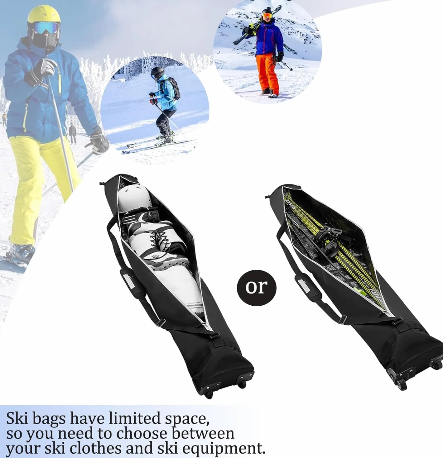Bolsa de snowboard con ruedas, bolsa de almacenamiento impermeable para equipo de esquí, longitud ajustable bolsa de esquí (63-79 pulgadas), bolsa de esquí plegable para tabla, botas, ropa