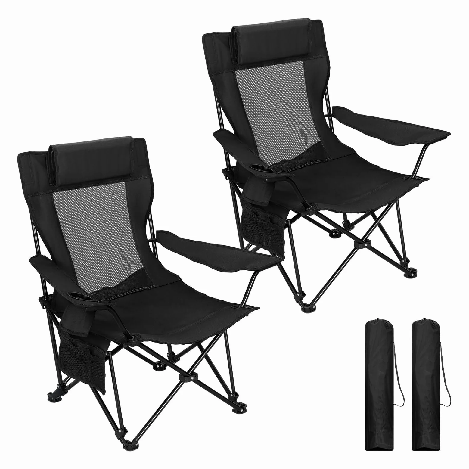 WOLTU 2X Sillas Camping Plegables con Respaldo Ajustable, Sillas Playa con Bolsillo Lateral y Portavasos, Tela de Malla y Tela Oxford, para Pesca, Picnic y Terraza, Capacidad de Carga 150 kg, Negro