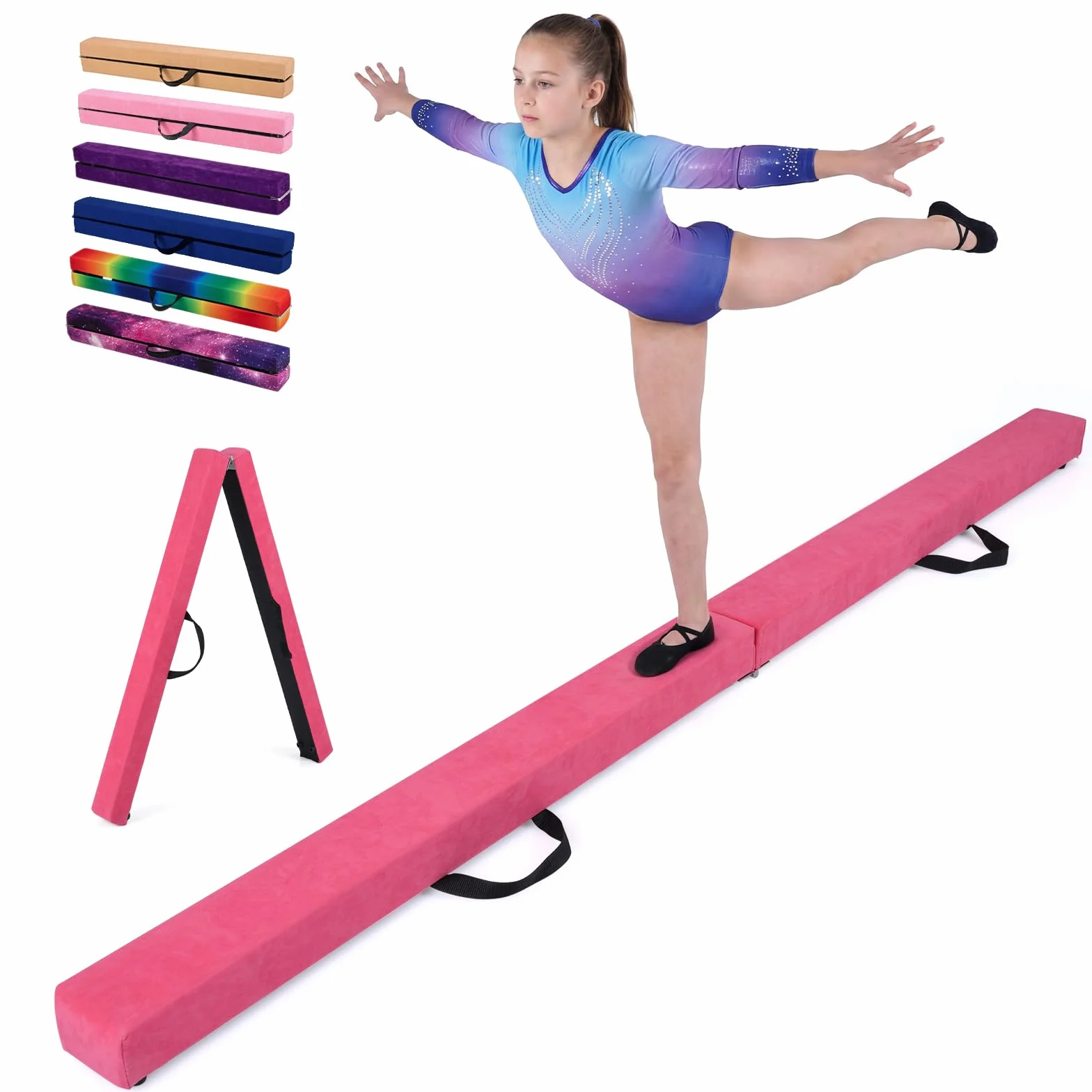 COSTWAY Barra de Equilibrio Gimnasia 210 cm, Viga Plegable con Empuñaduras para Niños