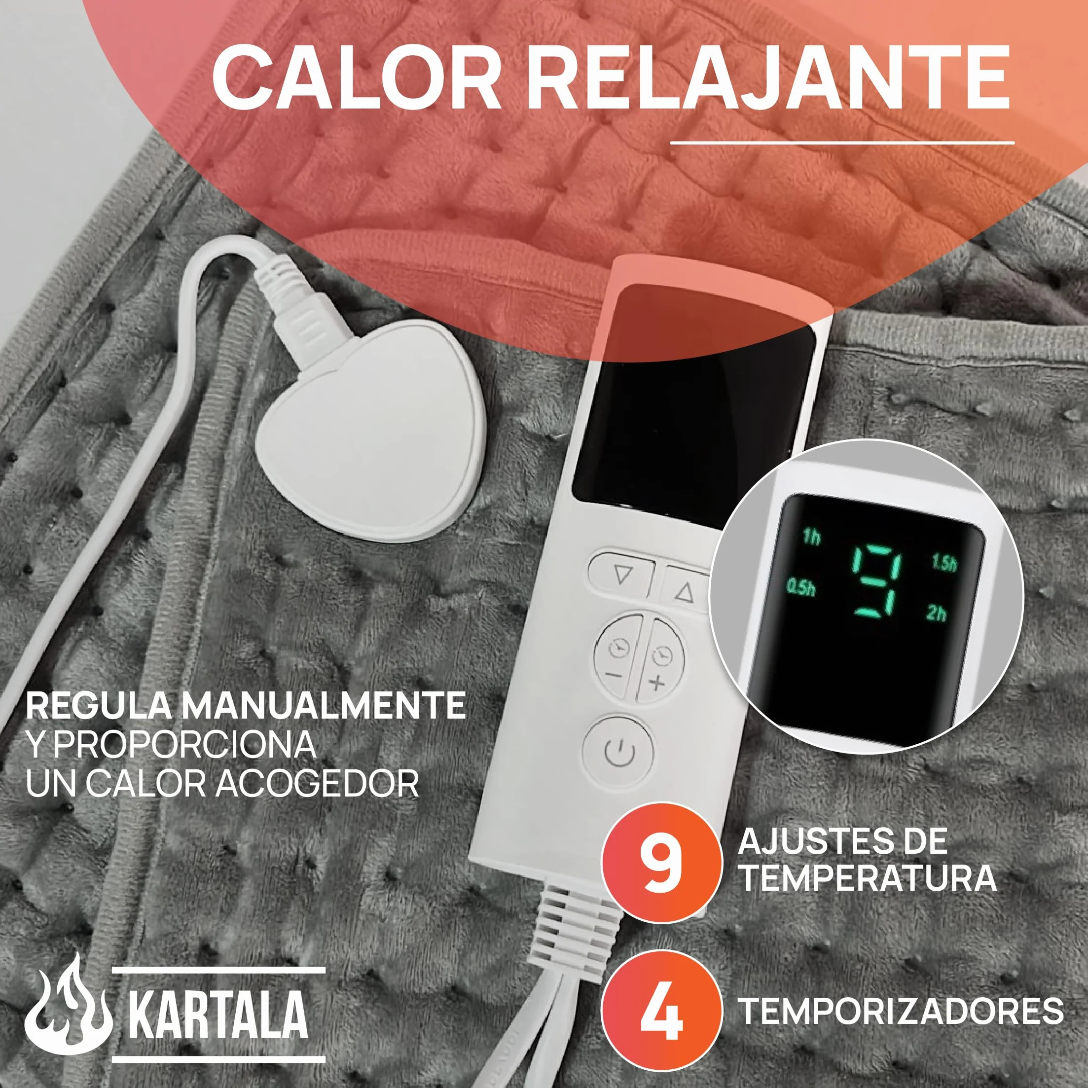 Manta Térmica Lumbar Kartala 30×60 cm con Bolsa, 9 Temperaturas, 4 Temporizadores, Lavable y Portátil