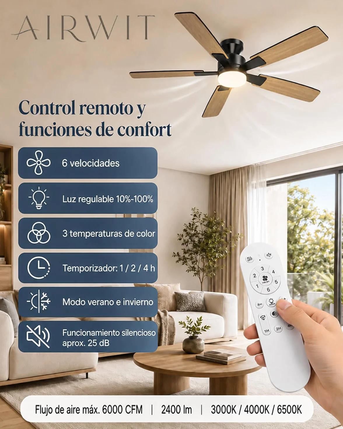 Airwit Ventilador de Techo con Luz 132cm, Silencioso, Mando a Distancia, 6 Velocidades, LED Regulable, Motor DC Reversible