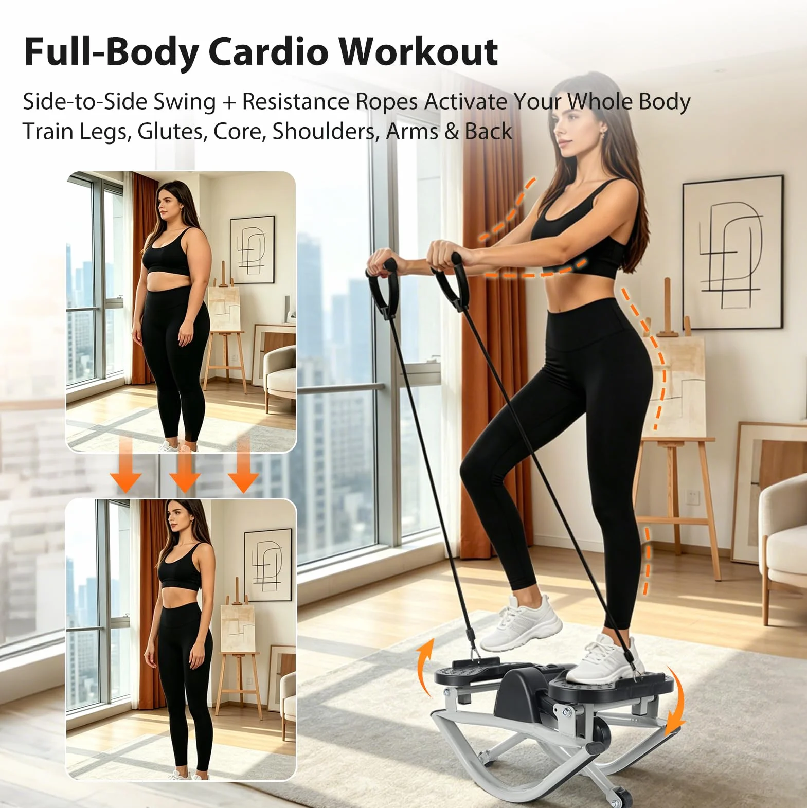 Mini Stepper Lateral, Stepper Fitness Casa con Contador y Bandas de Resistencia, Capacidad 150 kg, Alfombrilla Antideslizante 70x40 cm, para Hogar, Oficina y Gimnasio, Trabaja Piernas, Glúteos y Core