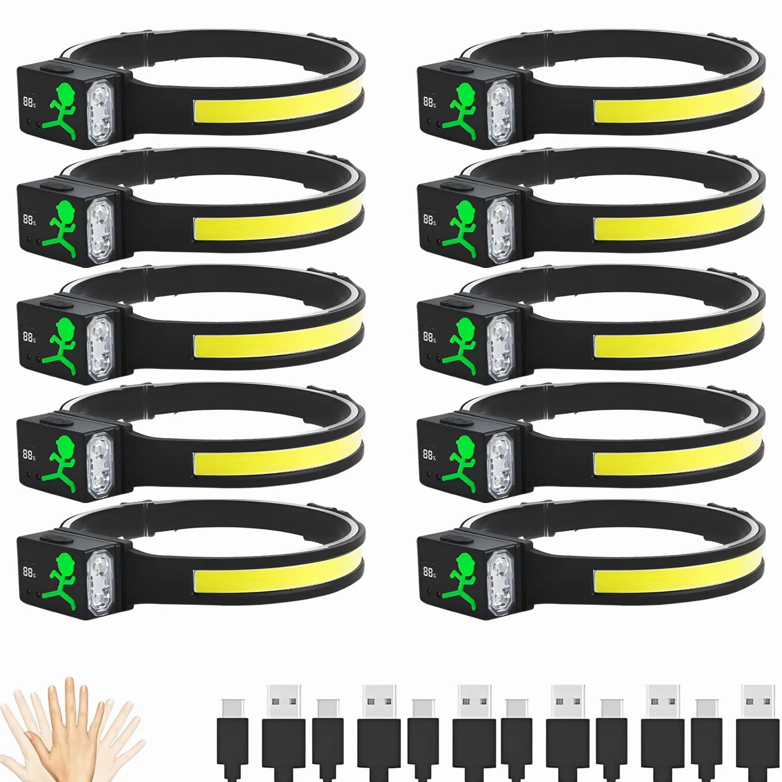 Linterna frontal LED recargable, sensor de movimiento COB de 230°, faros delanteros para frente, luz de casco duro para adultos, linterna LED para el trabajo, correr, senderismo, camping, equipo