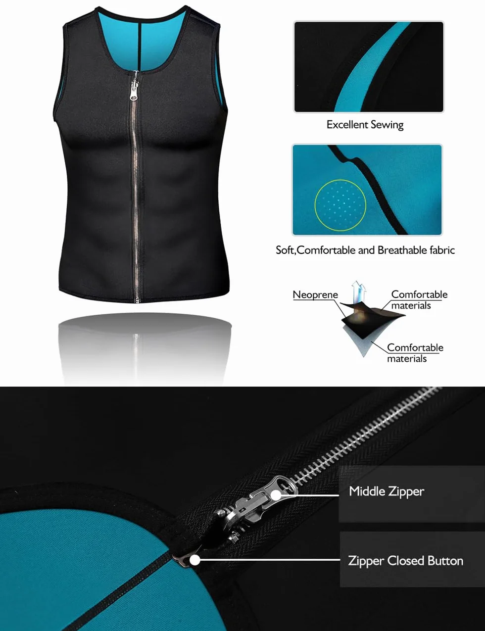 Chaleco Sauna Deportivo Hombre Camiseta Fitness Faja Compresión para Sudoración, Reductora de Neopreno con Cremallera
