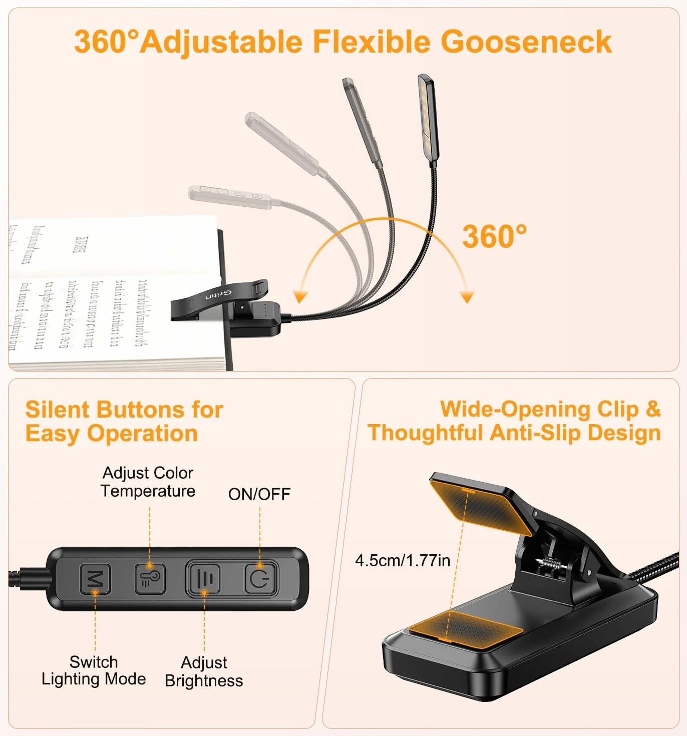 Gritin 2026 Gen 2 Luz Lectura Recargable 30 LED Espectro Completo Protección Ocular 5 Colores 5 Niveles Brillo Ajustable Haz Ancho Estrecho Batería Larga Duración