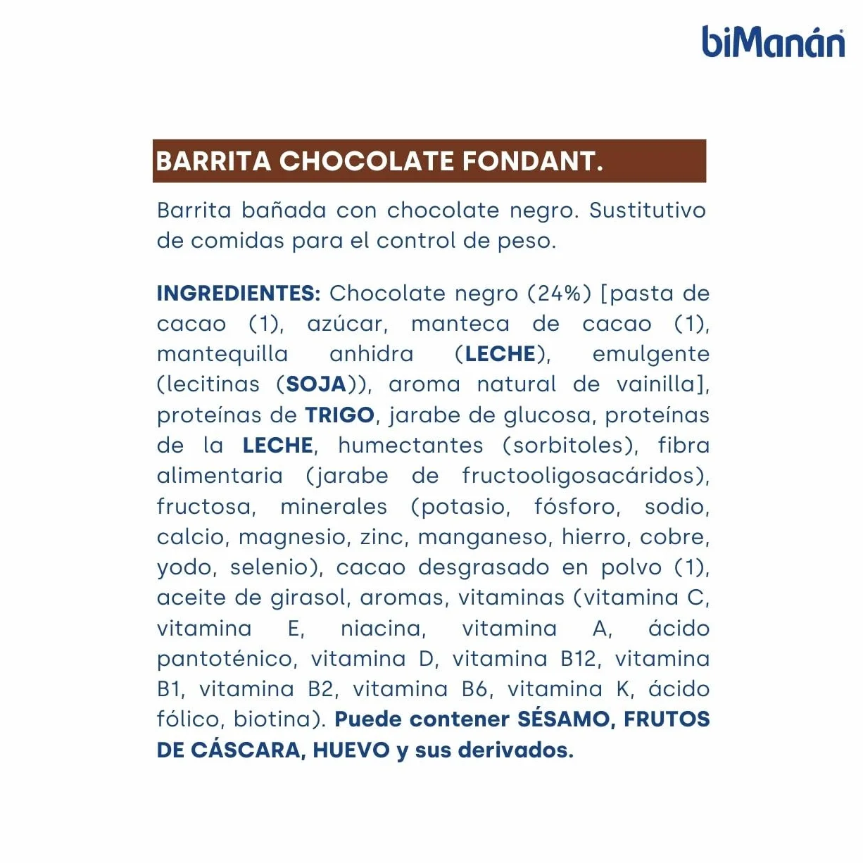 BIMANÁN Barritas Chocolate Fondant Sustitutivos de Comida 10 Unidades 238 Calorías Ricas en Fibra