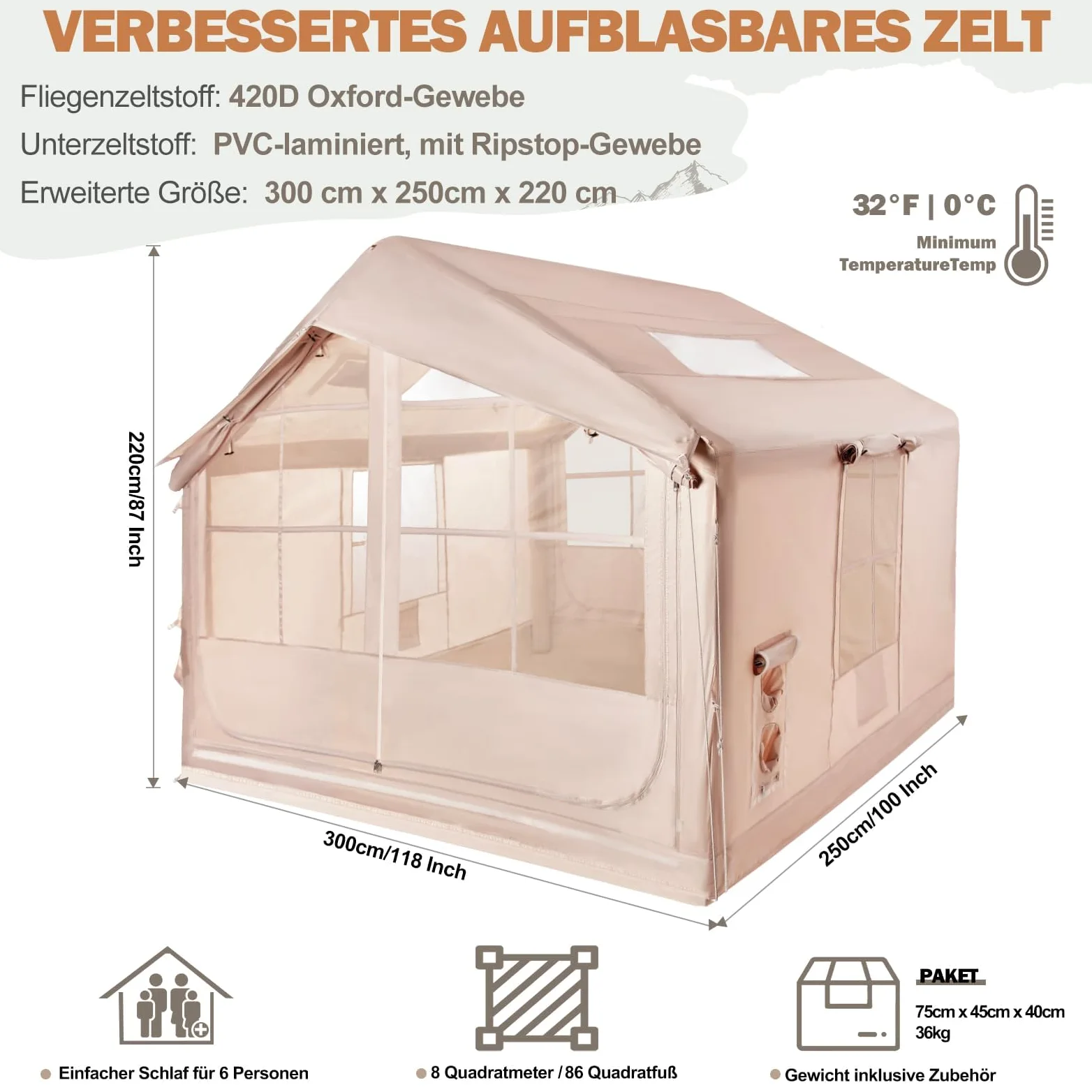 Tienda de campaña Hinchable de 2,5 m con Apertura de Chimenea y claraboya, Tienda de casa de Exterior Tienda para 2-6 Personas con Bomba de Aire, Tejido Oxford, 4 Estaciones, Impermeable