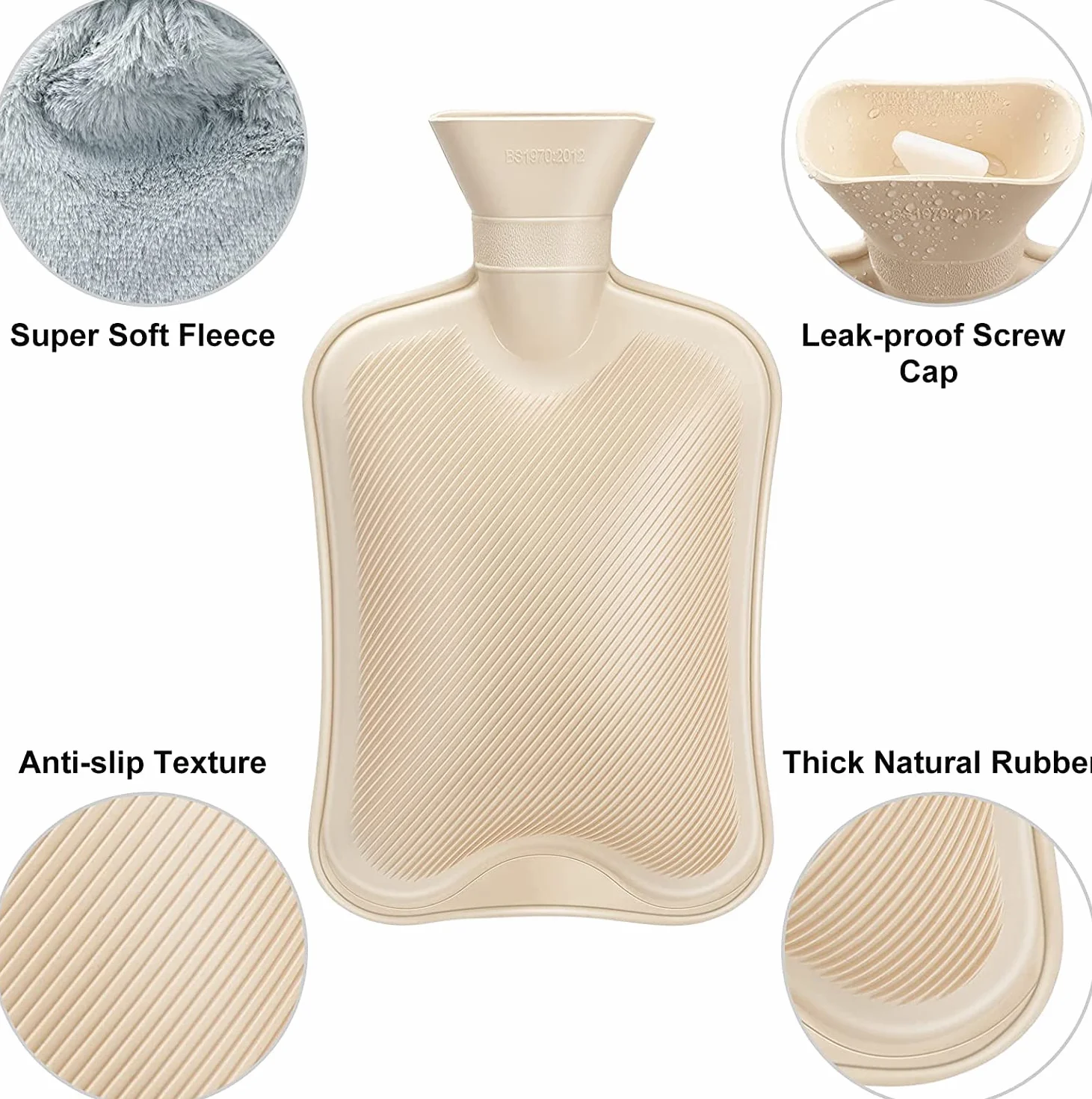 Bolsa de Agua Caliente de 2L Cokomono con Funda de Felpa Suave - Gris