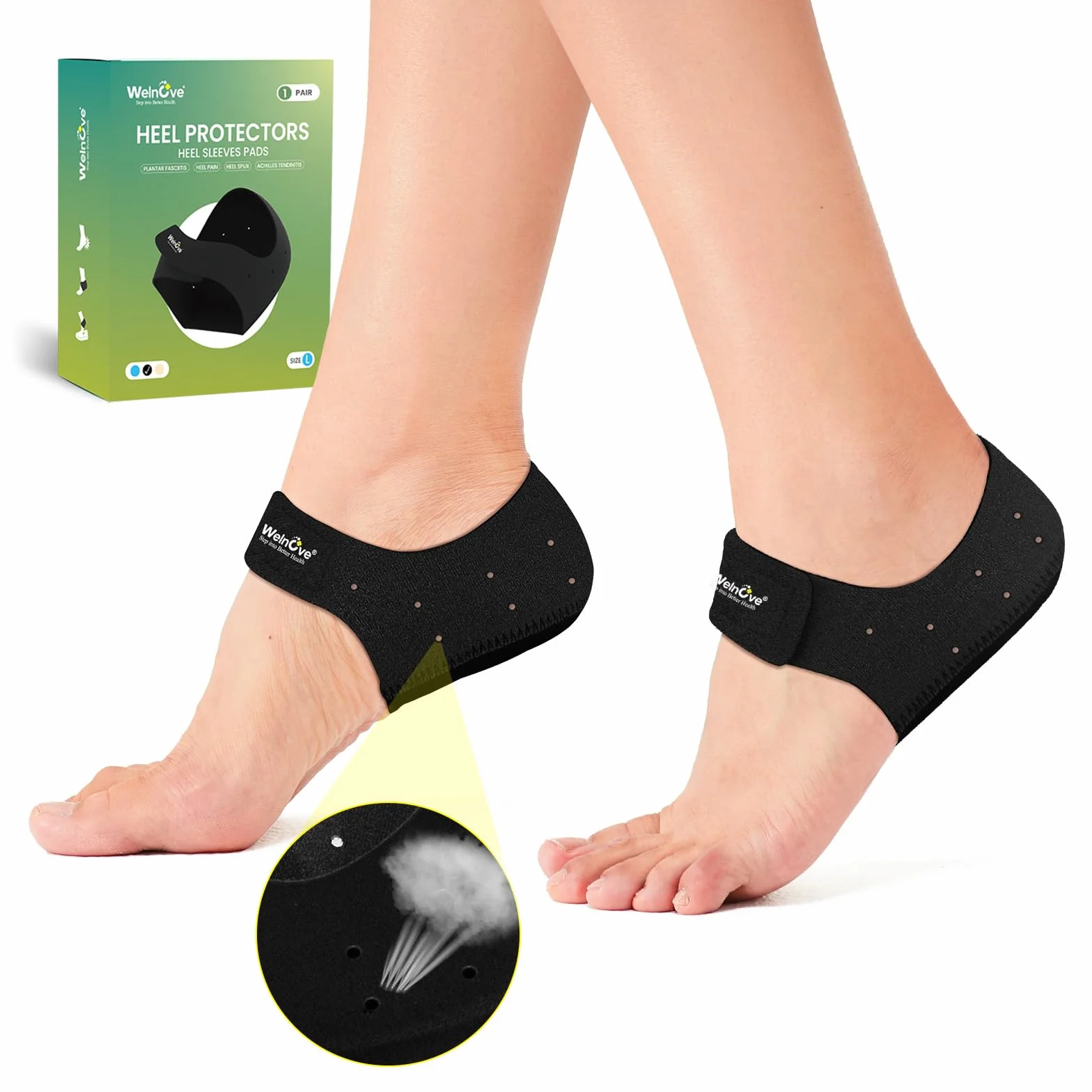 Welnove Protector de talón para fascitis plantar, talón de gel mujer hombre espolones plantillas tendinitis Aquiles Negro Large EU 42-47