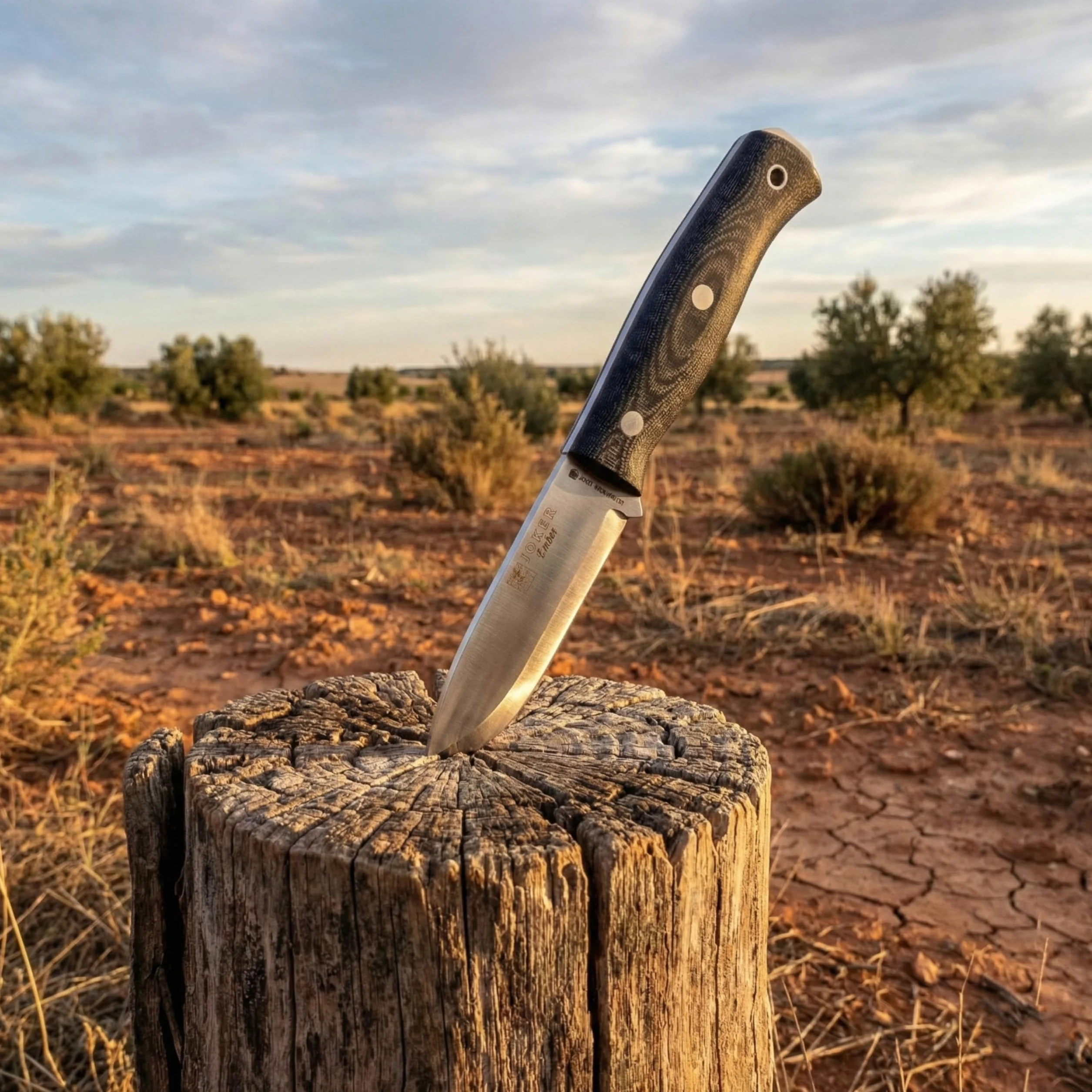 Joker Cuchillo de Supervivencia Ember Scandi CM122, hoja de 10,5 cms, mango Micarta Canvas, funda piel, incluye paracord, Herramienta de pesca, caza, camping y senderismo