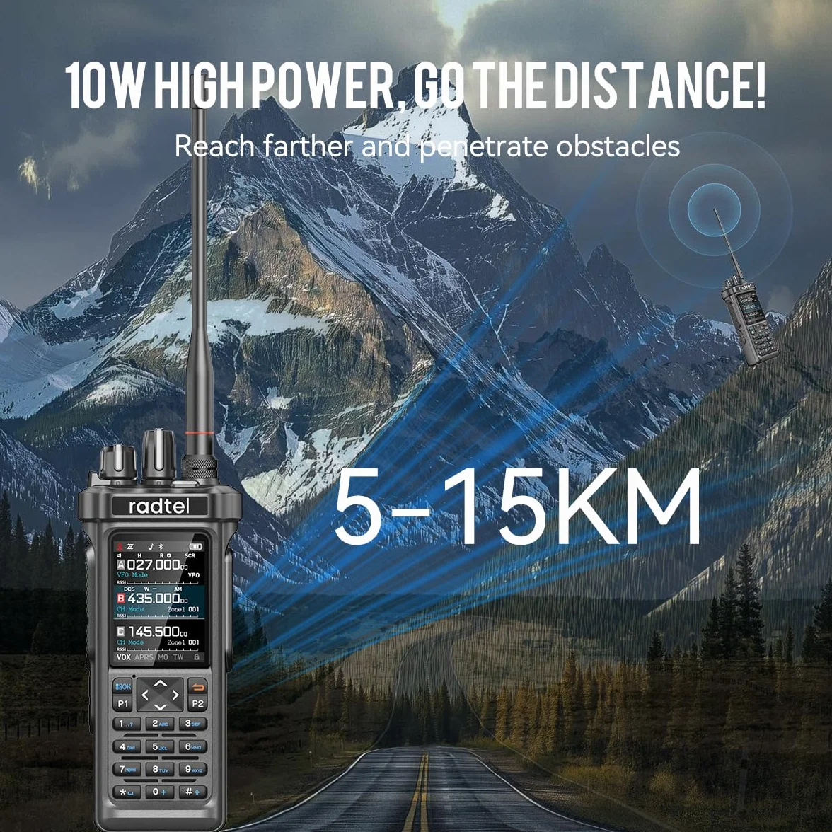 Radtel RT-950 10W Radio de Mano bidireccional de Largo Alcance, recepción Am/FM/CB/SW/MW/LW, GPS/APRS, programación inalámbrica Bluetooth, NOAA, analizador de Espectro (con Cable de programación)