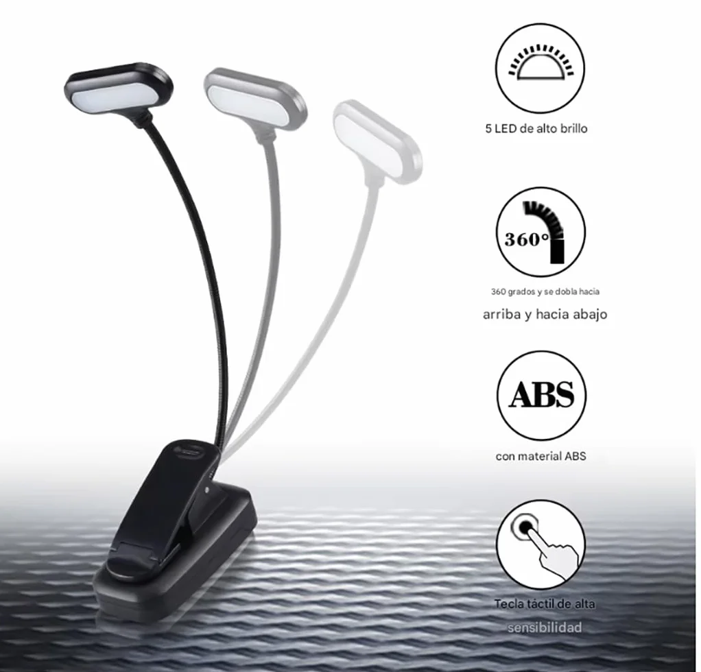 Lámpara portátil de lectura con pinza LED 5 luces, cuello flexible 360º, para noche cama escritorio infantil