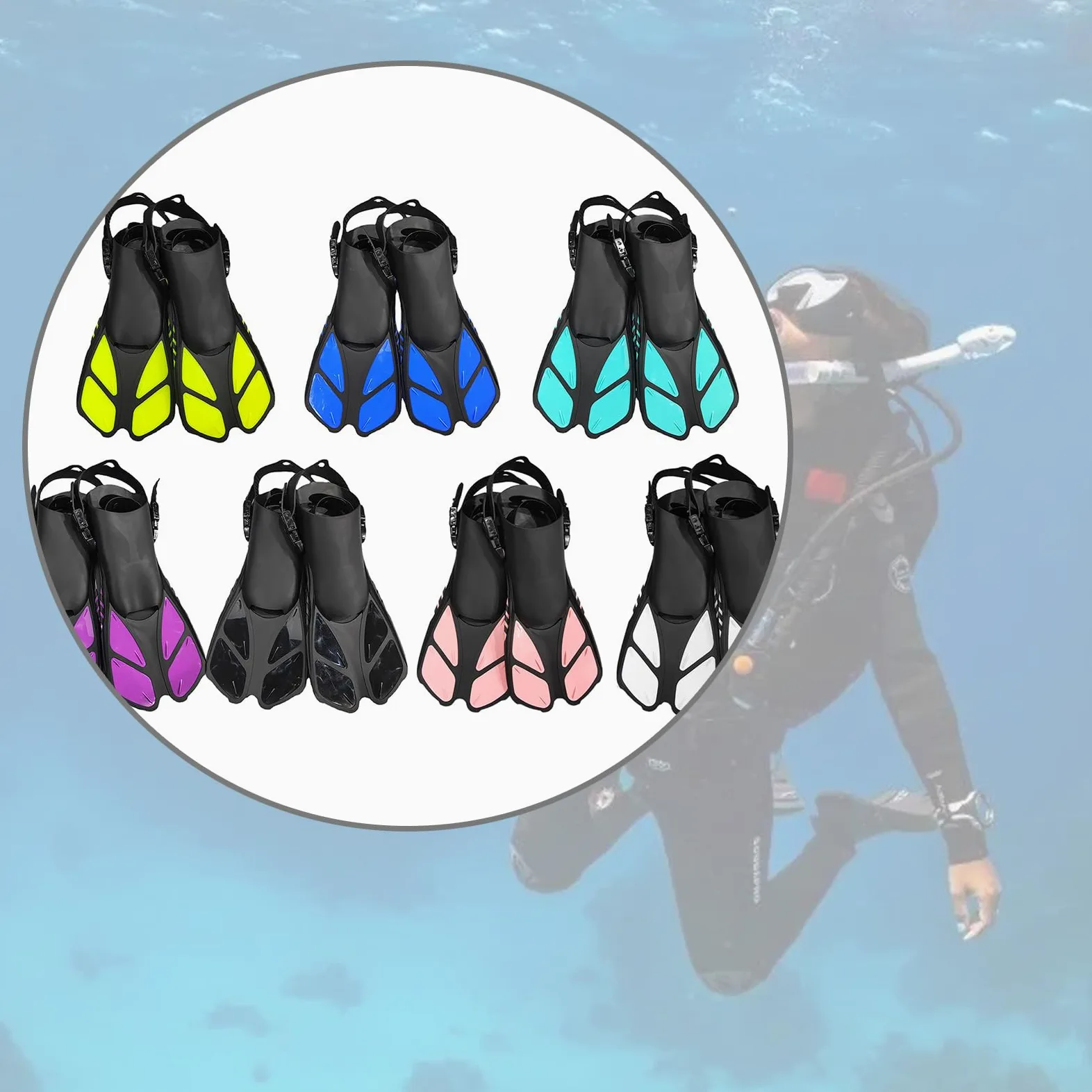 Aletas de buceo cortas tamaño de viaje natación ajustable esnórquel tacón abierto aletas de natación equipo de esnórquel aletas cortas de natación