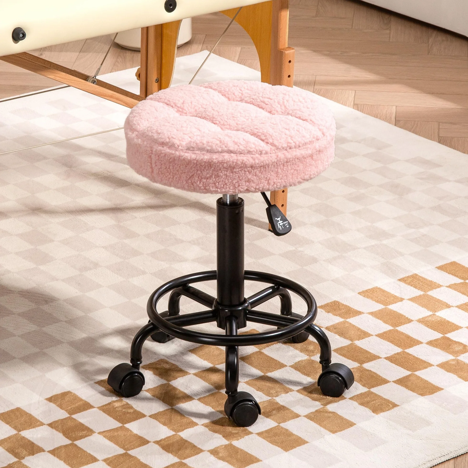 HOMCOM Taburete Giratorio Redondo con Ruedas Altura Regulable 50-66 cm Asiento Tapizado Tejido Borreguito Rosa