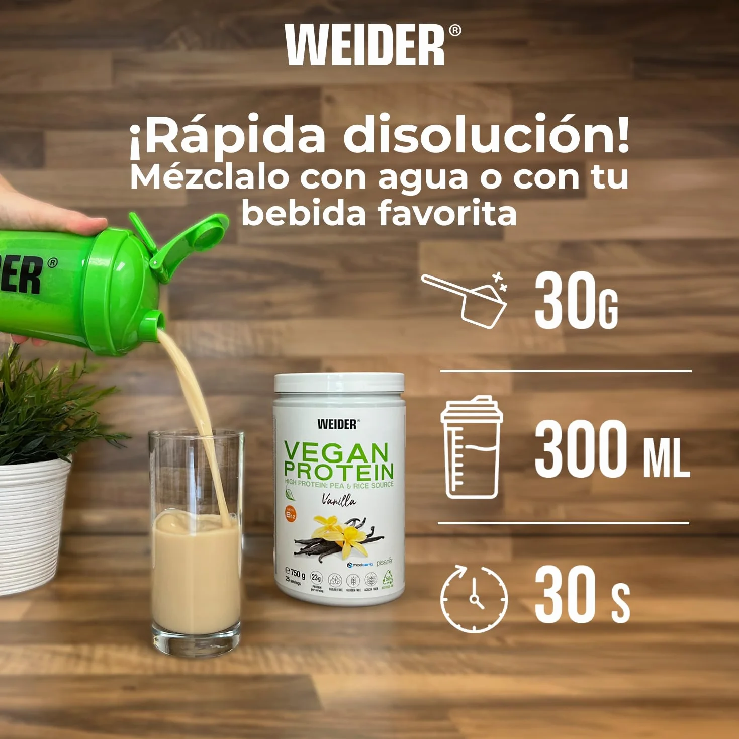 Weider Vegan Protein 750g Vainilla Proteína Vegana 23g Aislada Guisante Arroz Vitamina B12 Stevia Sin Gluten Sin Azúcar