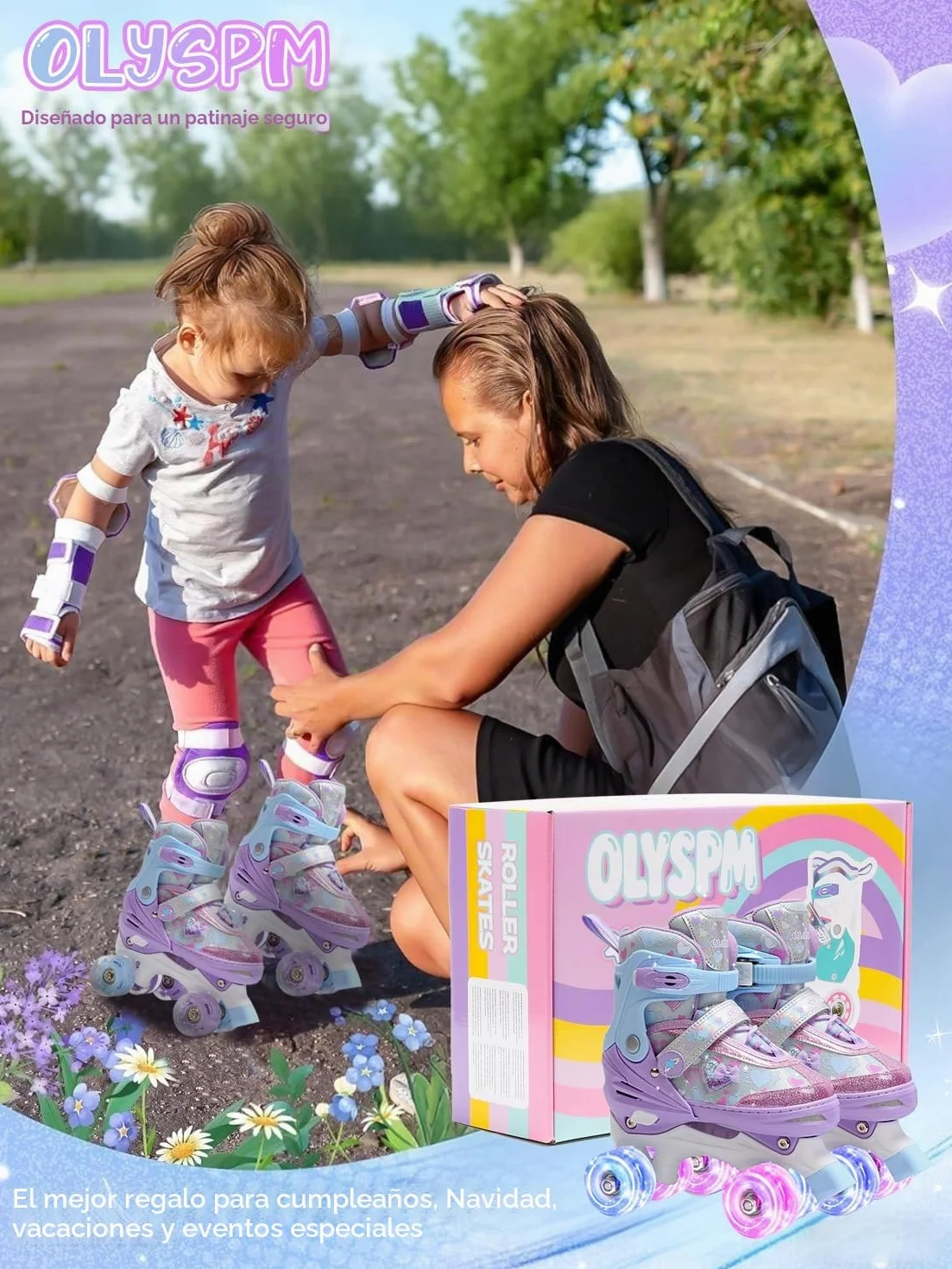 Patines 4 Ruedas Niña con Ruedas Luminosas, 4 Tallas Ajustables, Patines para Principiantes