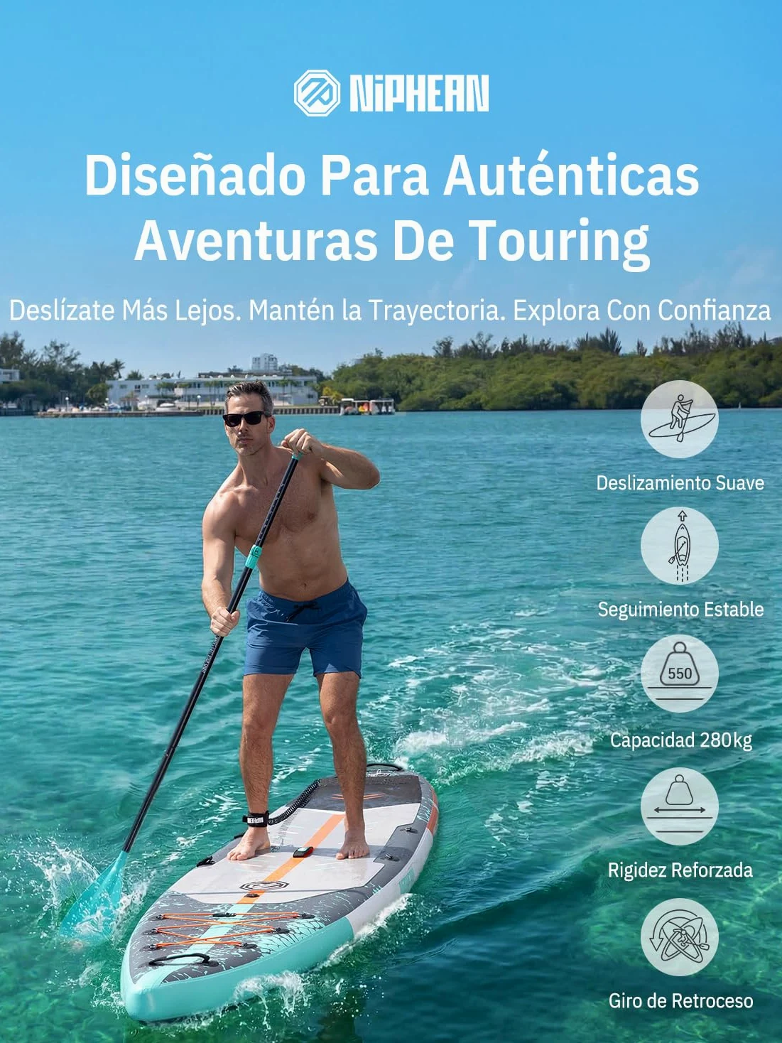 Niphean 380cm Tabla Paddle Surf Hinchable, Sup Touring con Accesorios | Tabla Padel Surf Rígida 280kg para Adultos y Principiantes, Kick Pad, Antideslizante, Kit Reparación