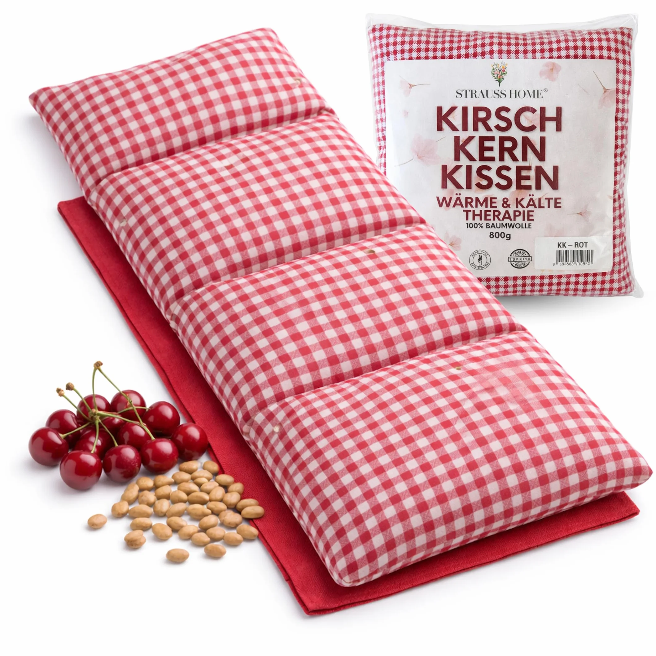 Strauss Home® Cojín de huesos de cereza grande, microondas, térmico para cuello y hombros, algodón, 50 x 20 cm rojo vintage