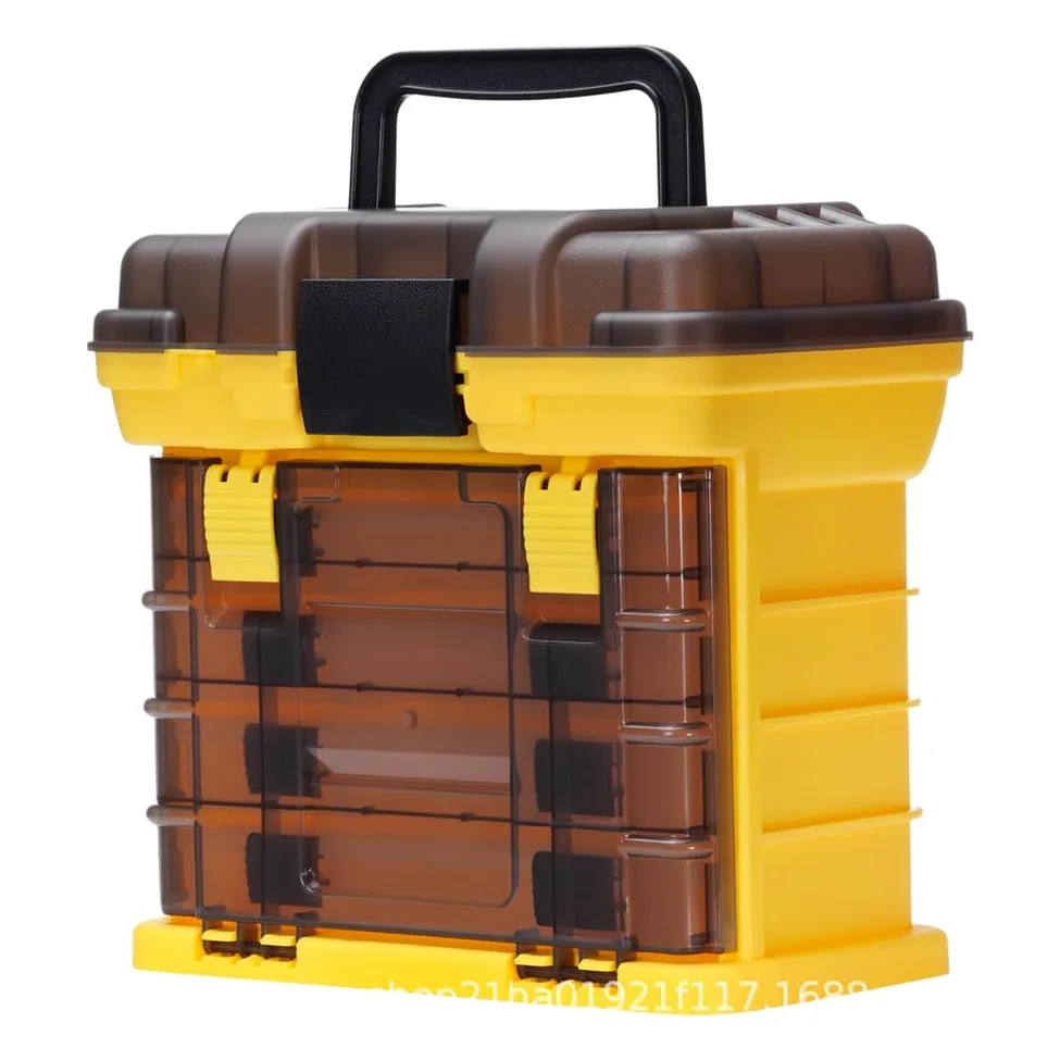 Caja de aparejos de pesca portátil con múltiples compartimentos, solución de almacenamiento para spinners, alicates giratorios, estuche organizador de plástico PP 28 x 17,5 x 27 cm (amarillo)