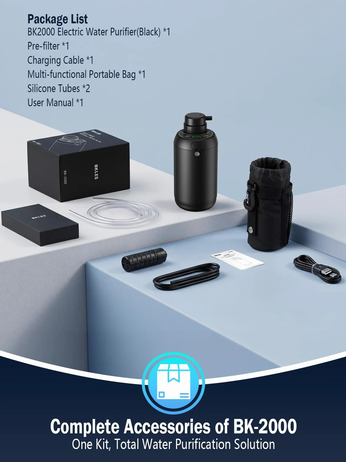 BKLES Filtro de agua eléctrico para camping, purificador de agua portátil para supervivencia, sistema de filtración de 6 etapas de 0,01 micras con luz de emergencia para senderismo, mochileros y uso
