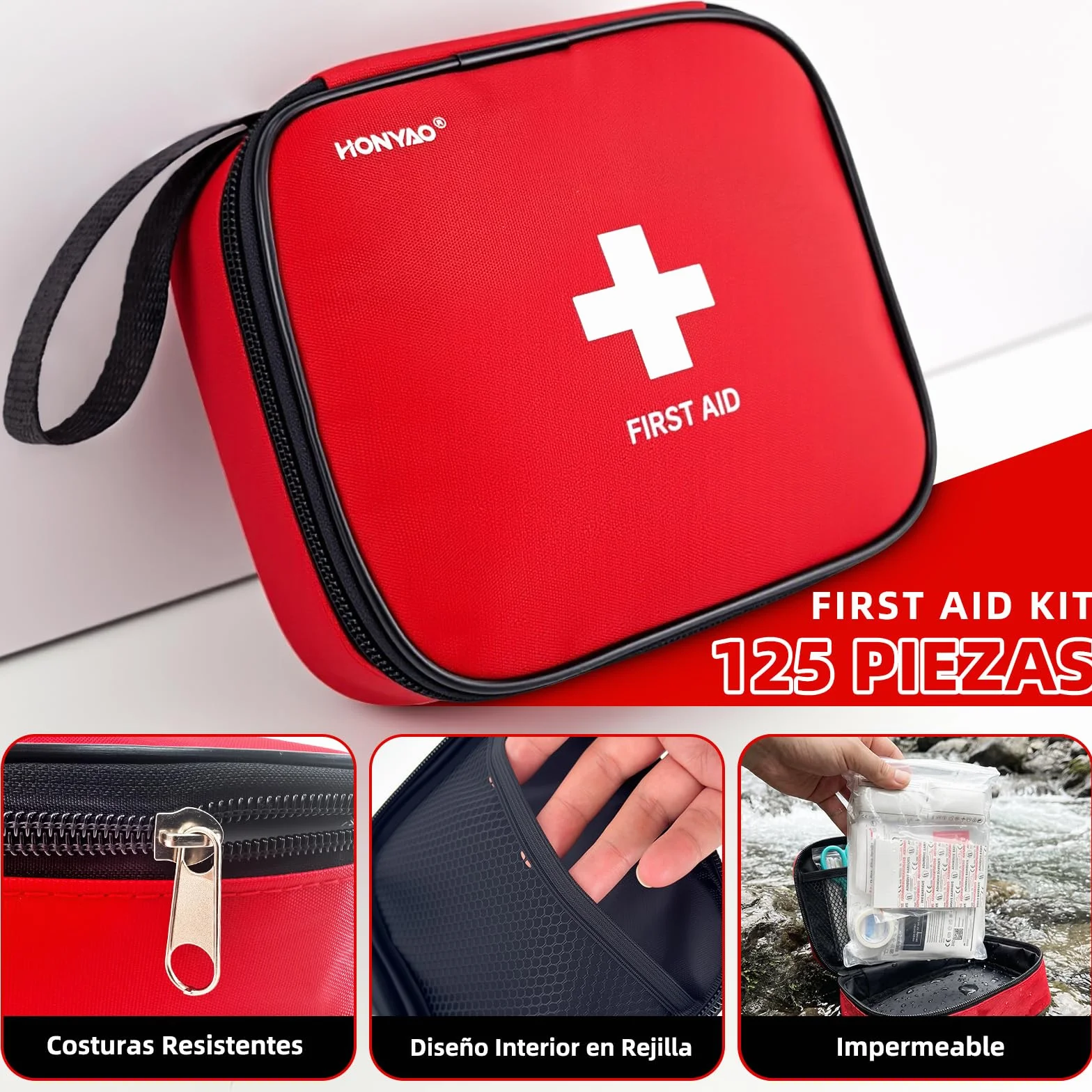 HONYAO Botiquin de Primeros Auxilios 125 Piezas, Portátil Kit de Primeros Auxilios para Coche Casa Trabajo