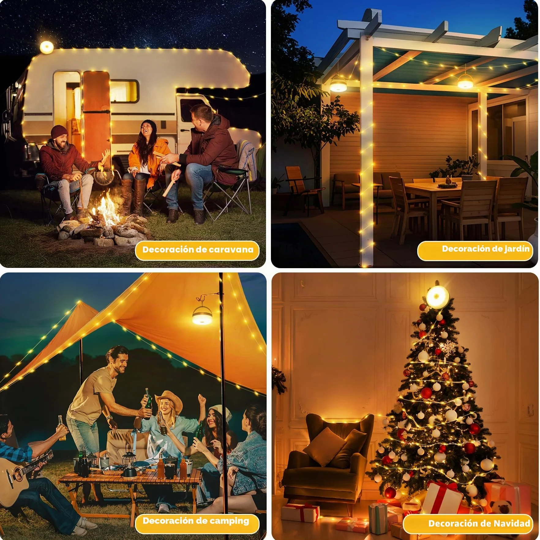 Retráctil Cadena de Luces para Camping 10M, 3 en 1 Impermeable Solar USB 8 Modos Iluminación