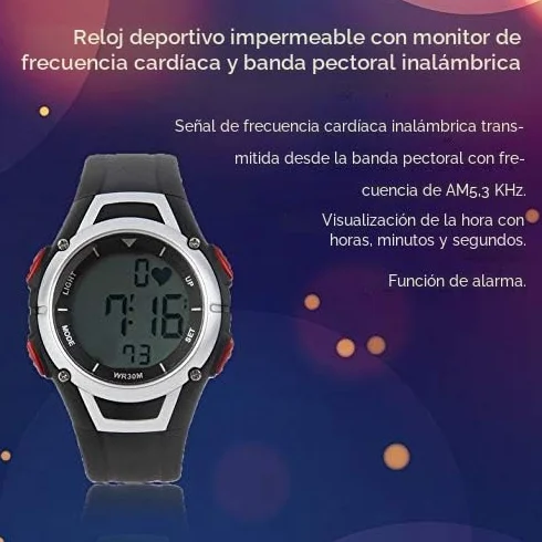 Reloj deportivo impermeable con monitor de frecuencia cardíaca inalámbrico de 3 metros, negro