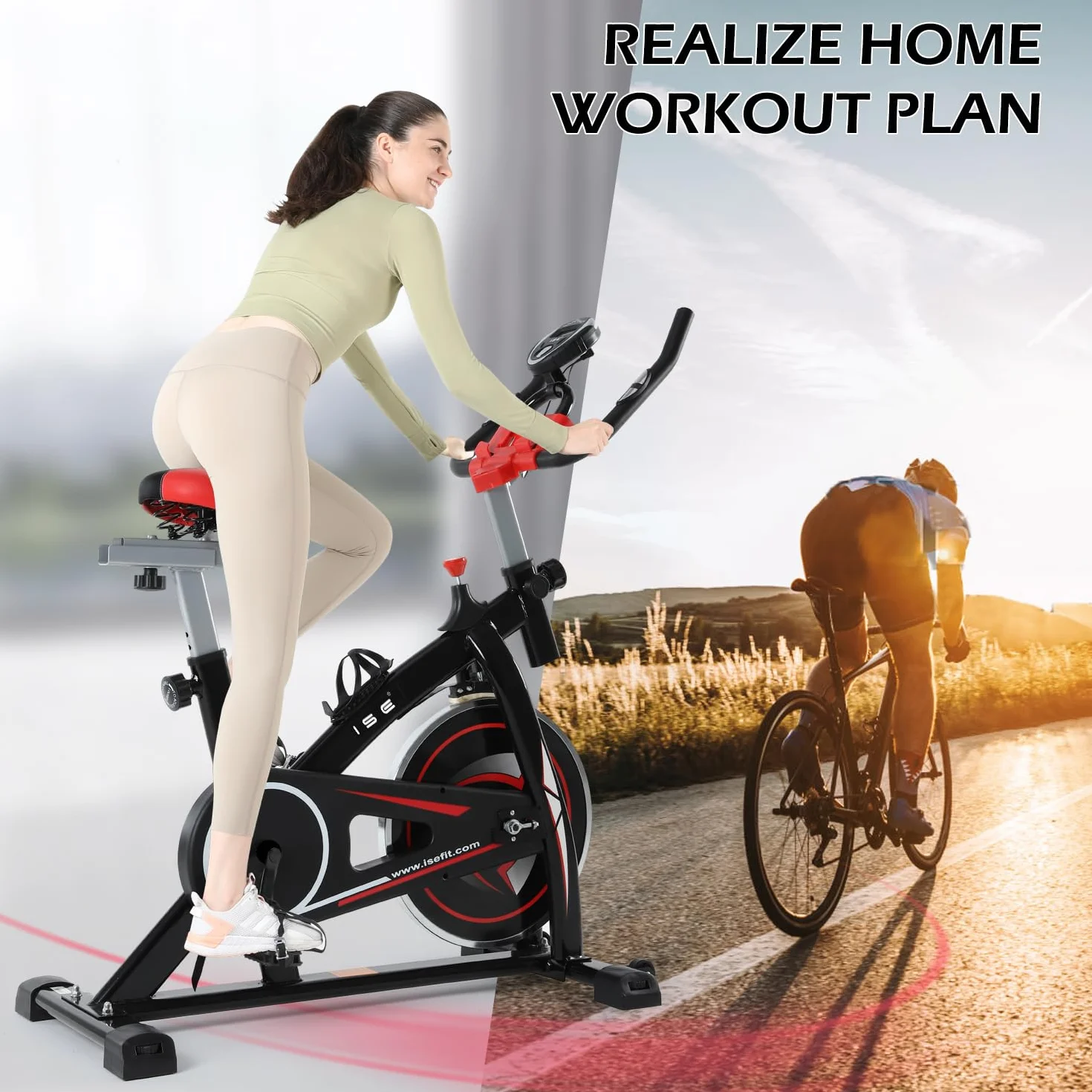 ISE Bicicleta Estática Indoor, Volante de Inercia 9KG, Bici Estatica Ajustable Resistencia, Bicicleta Profesional con Pantalla,Soporte, Sillín y Asa Ajustablesa, Max.120KG