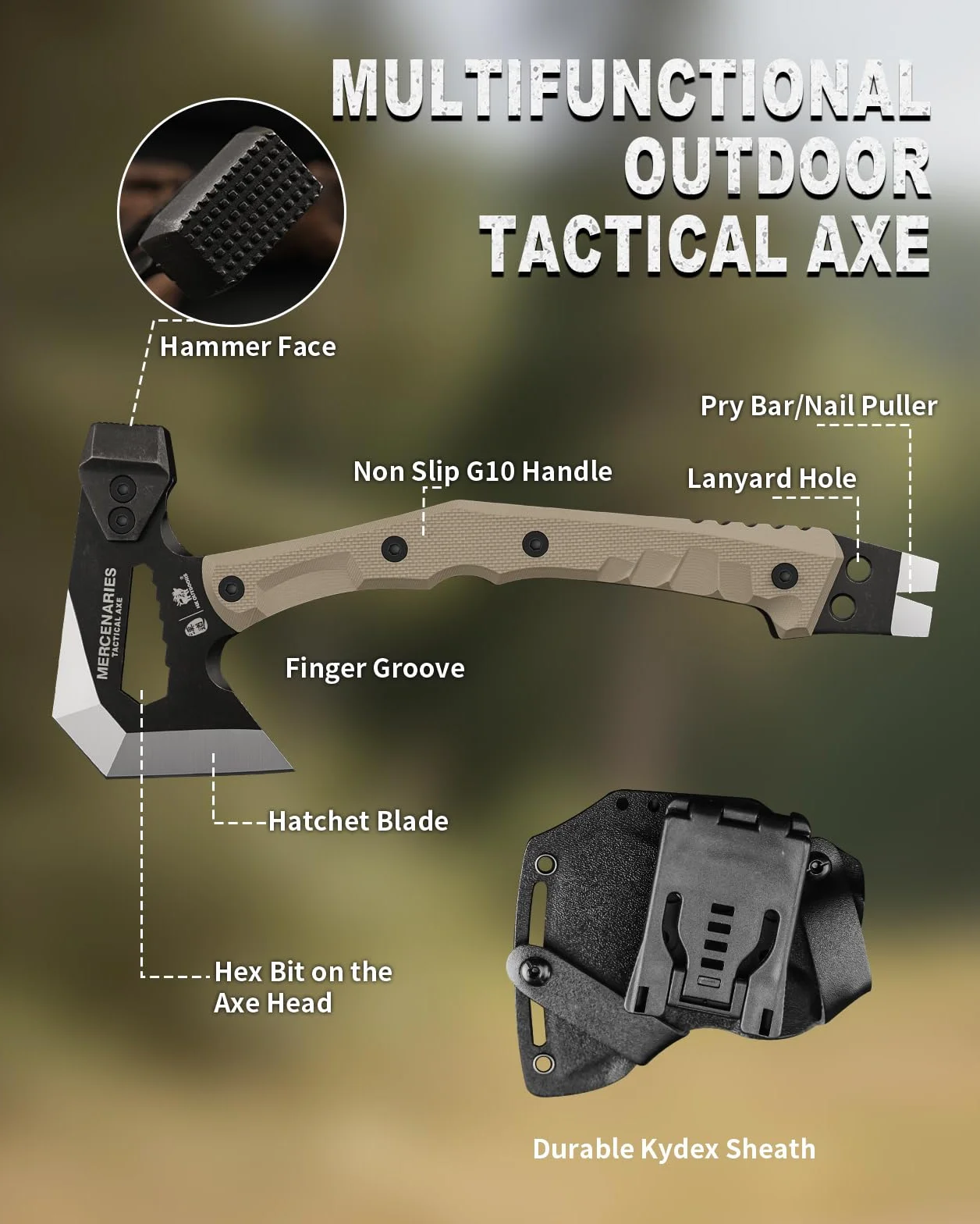 HX OUTDOORS Hacha Multifuncional, Hacha De Supervivencia Y Acampada, Hacha De Bushcraft De Acero Inoxidable con Hoja De Hacha Y Mango G10, con Martillo, Punta Hexagonal Y Extractor De Clavos