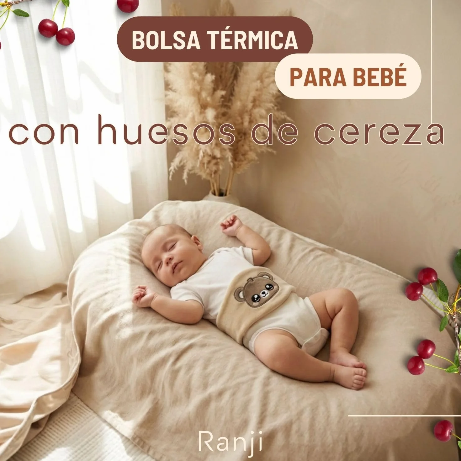 Cinturón Anticólicos Bebé con Huesos de Cereza - Saquito de Semillas para Cólicos Bebé Recién Nacido, Algodón Orgánico GOTS & Certificación OEKO-TEX, Apto Microondas (Osito)