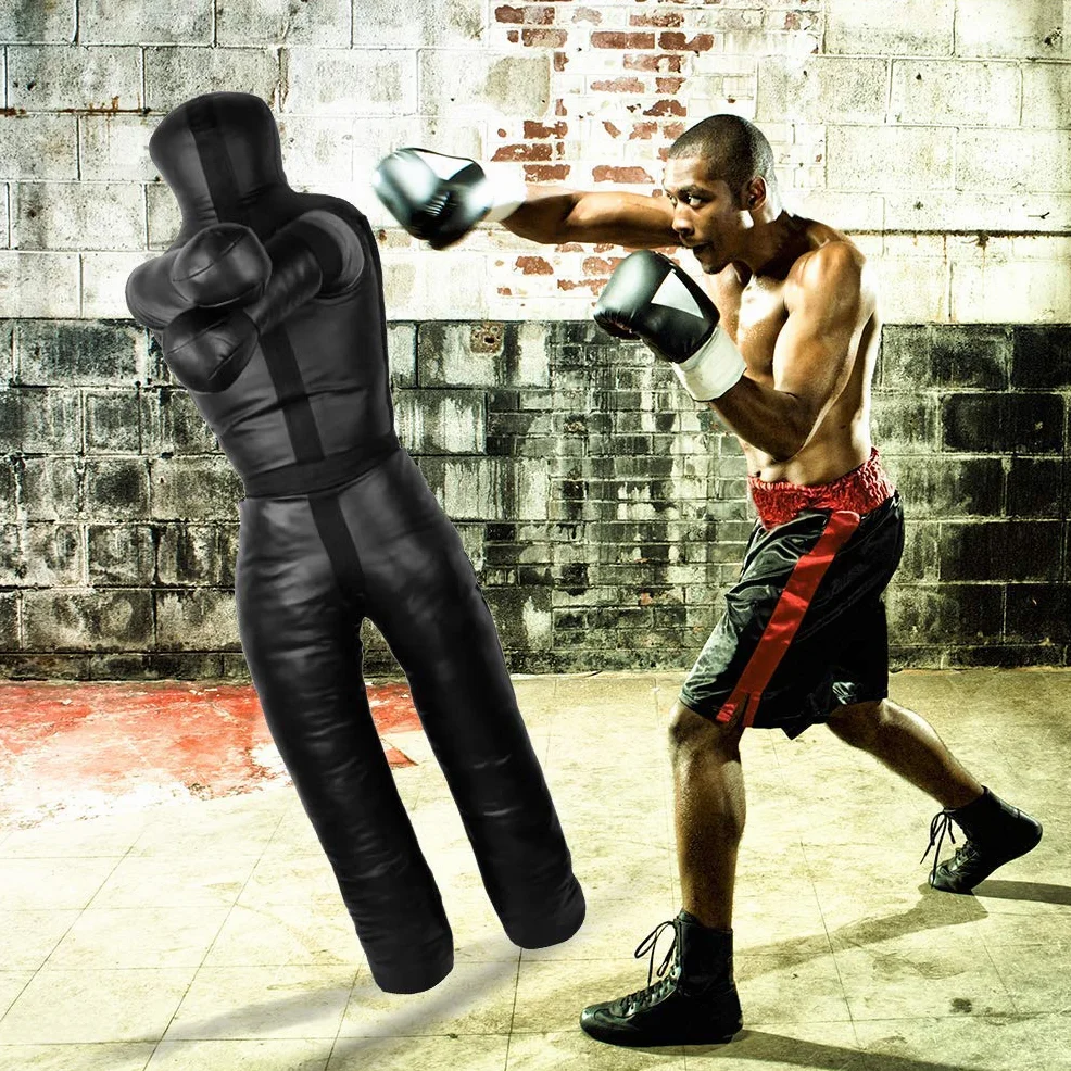 Muñeco de Boxeo de Pie para Adultos 180 cm Aoneky Grappling Dummy MMA Judo Lucha Negro Piel Sintética