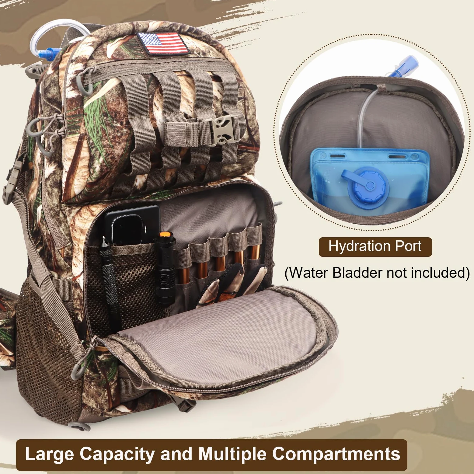 Mochila de caza, mochilas de caza de camuflaje y bolsas de lona, resistente al agua, de larga duración, mochila de arco de gran capacidad