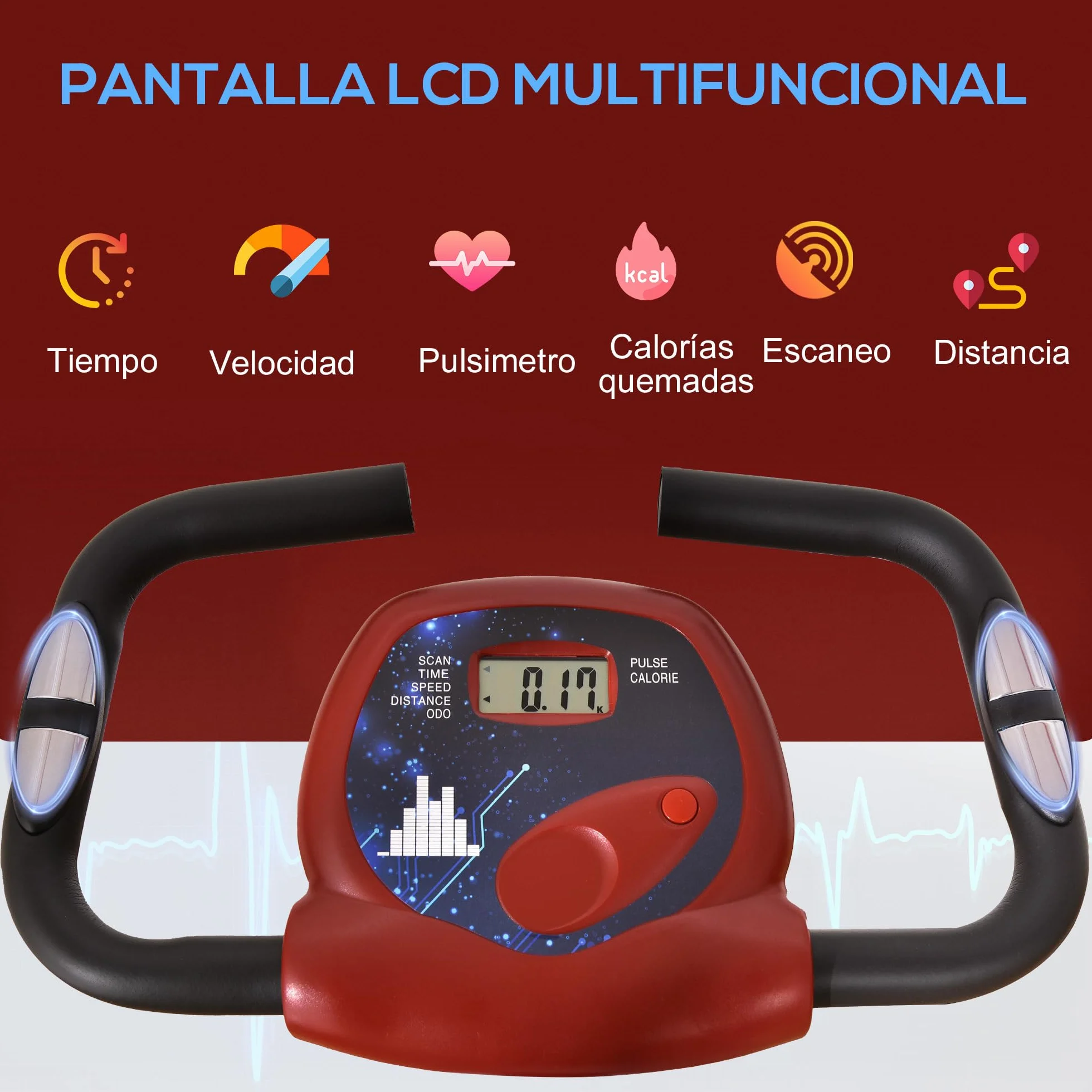 HOMCOM Bicicleta Estática Plegable con Respaldo, Bici Estática con 8 Niveles de Resistencia Magnética, Volante, Pantalla LCD, Pulsómetro, Sillín Ajustable, Carga 110 kg para Hogar Ahorra Espacio