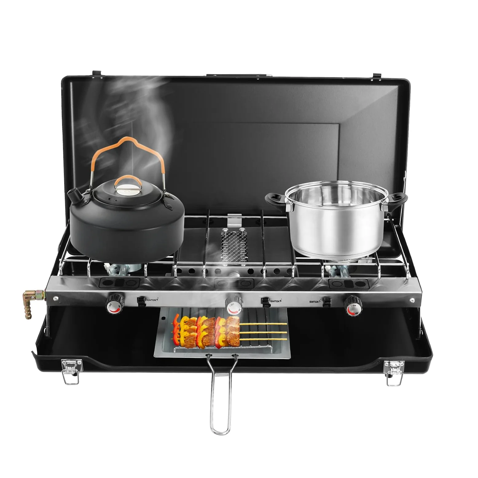 Hornillo de gas de 3 quemadores, propano a 37 mbar, butano a 28-30 mbar, hornillo portátil de gas para camping, barbacoas
