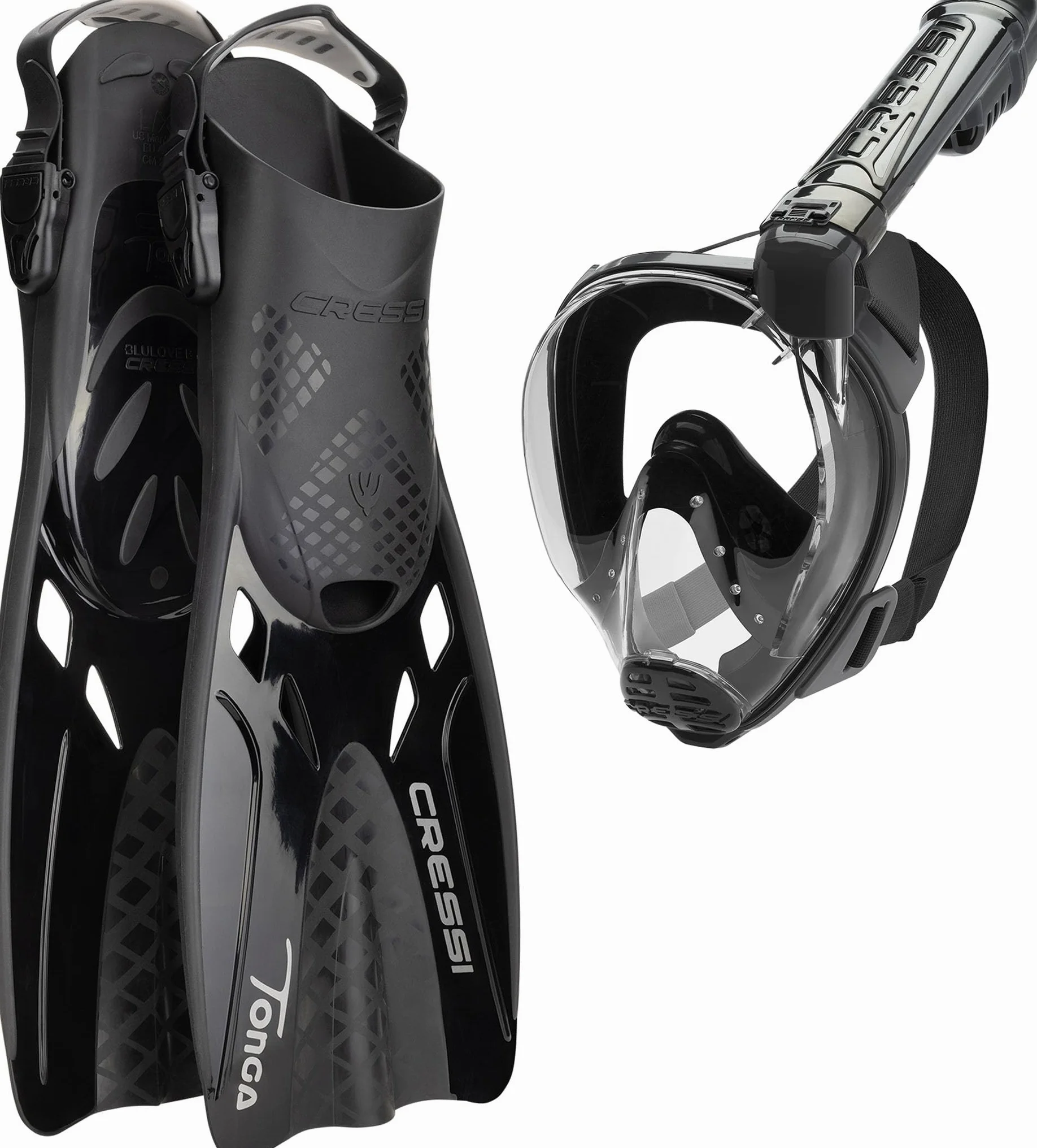 CRESSI Baron+Tonga Combo - Set Máscara Integral Baron, Visión Amplia, Sistema Antivaho, Respiración Fácil+Aletas Tonga Ajustable Ligeras