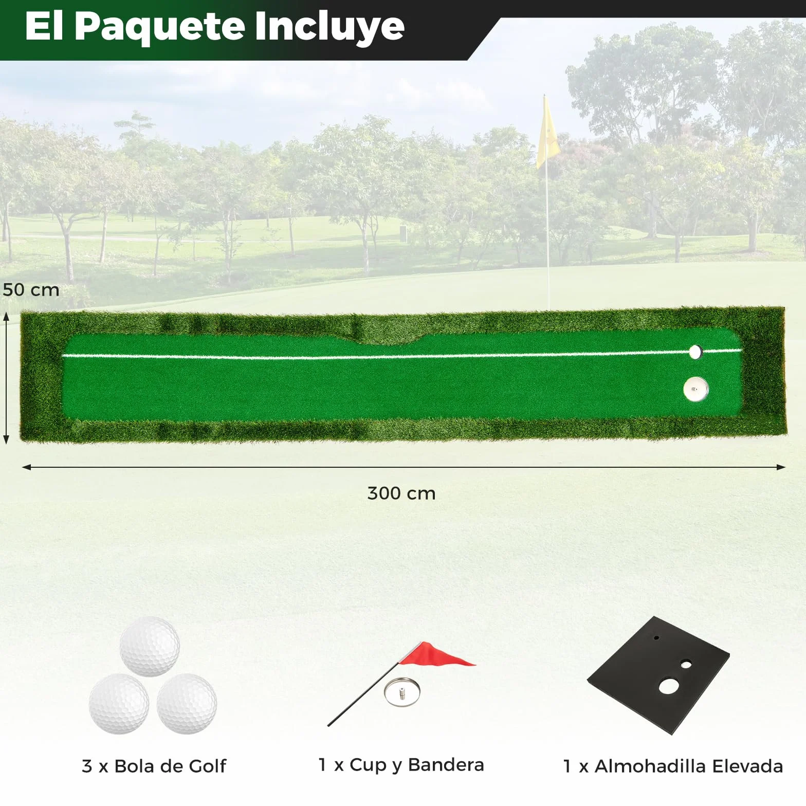 COSTWAY Alfombra de Práctica de Golf 300 CM, Césped Artificial, 3 Pelotas de Golf y 2 Tamaños de Hoyos, Tapete de GOF, Interiores Exteriores Hogar Oficina Jardín y Patio